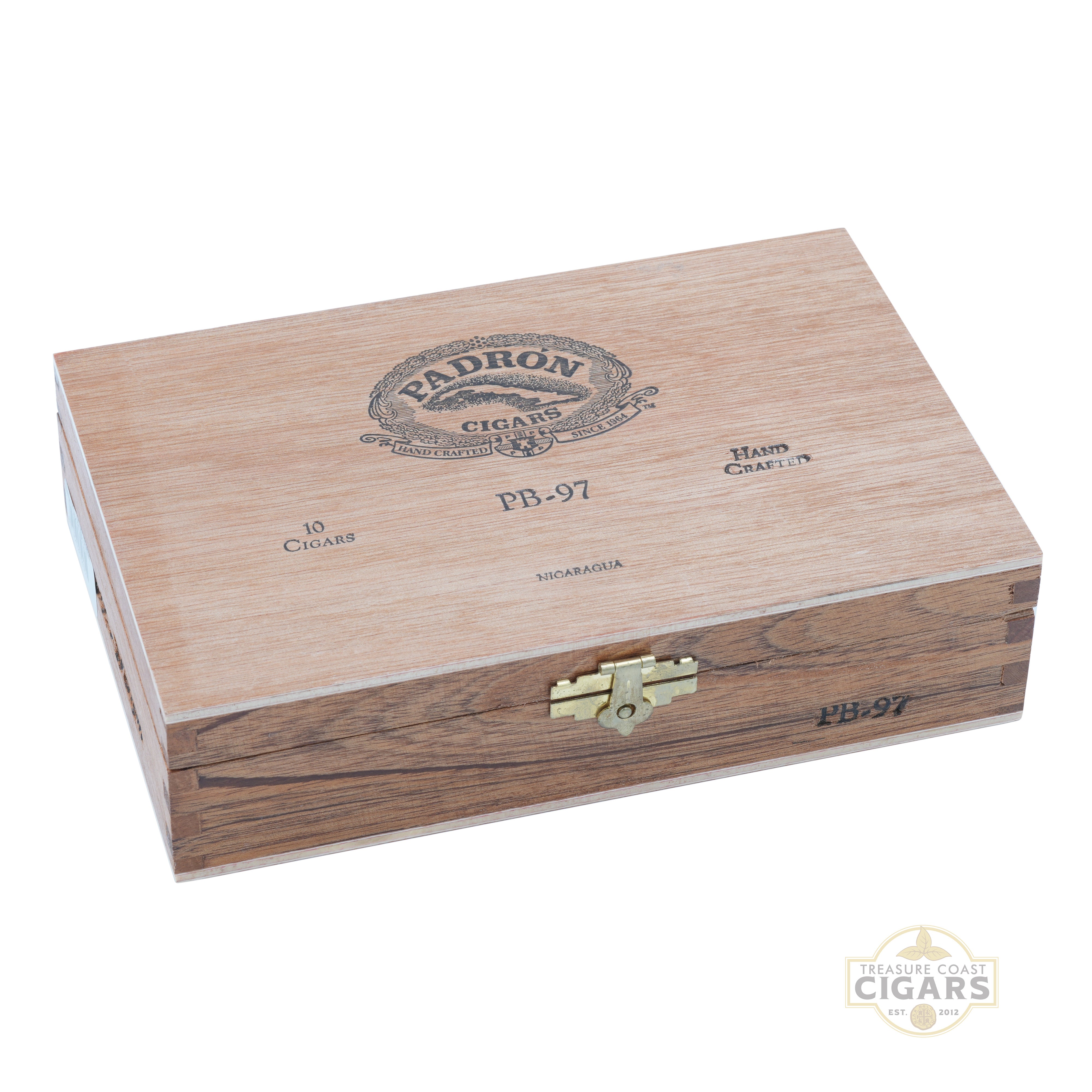 Wooden Padrón Black cigars box with gold clasp on a white background