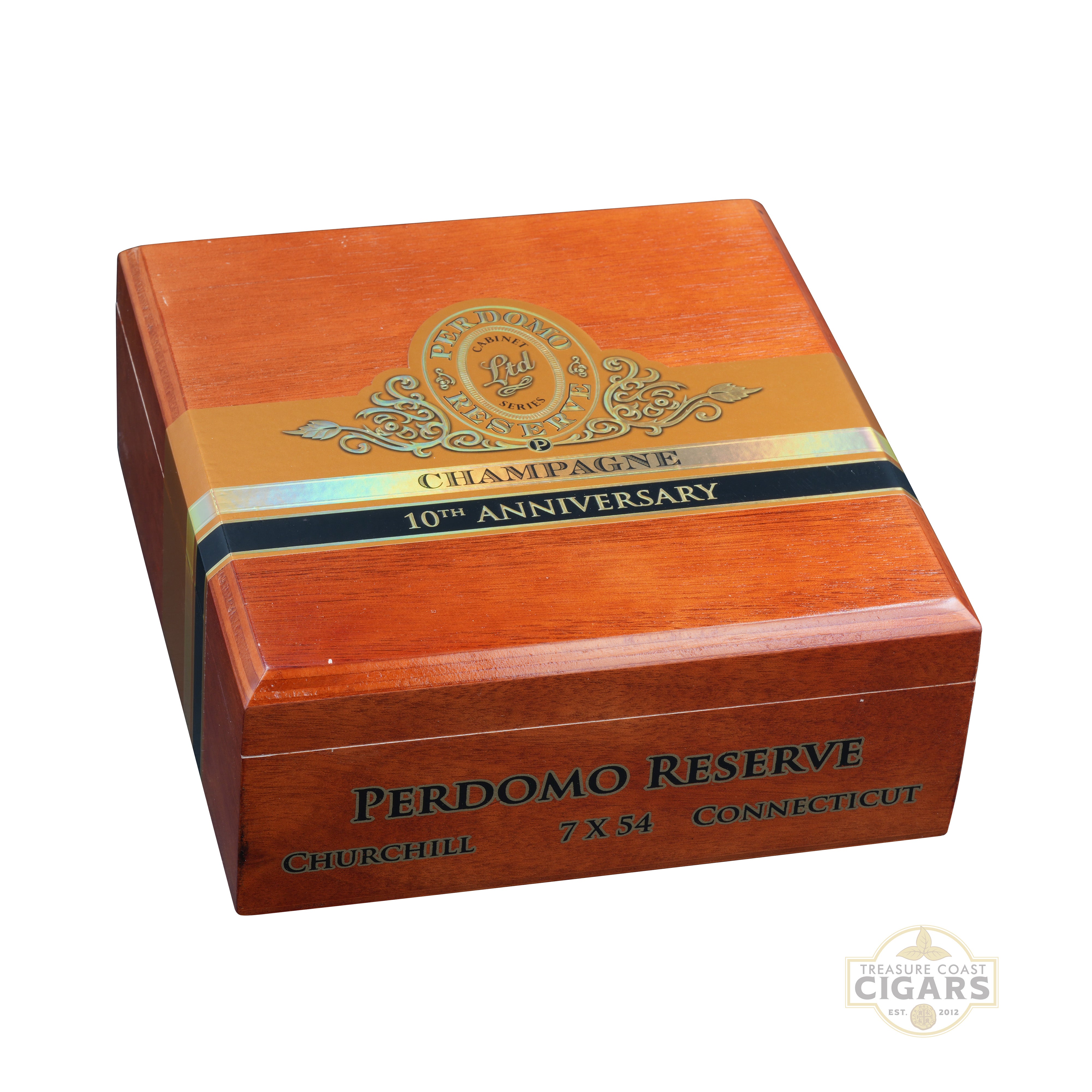 Perdomo Reserve Champagne 10th Anniversary cigar box on a white background