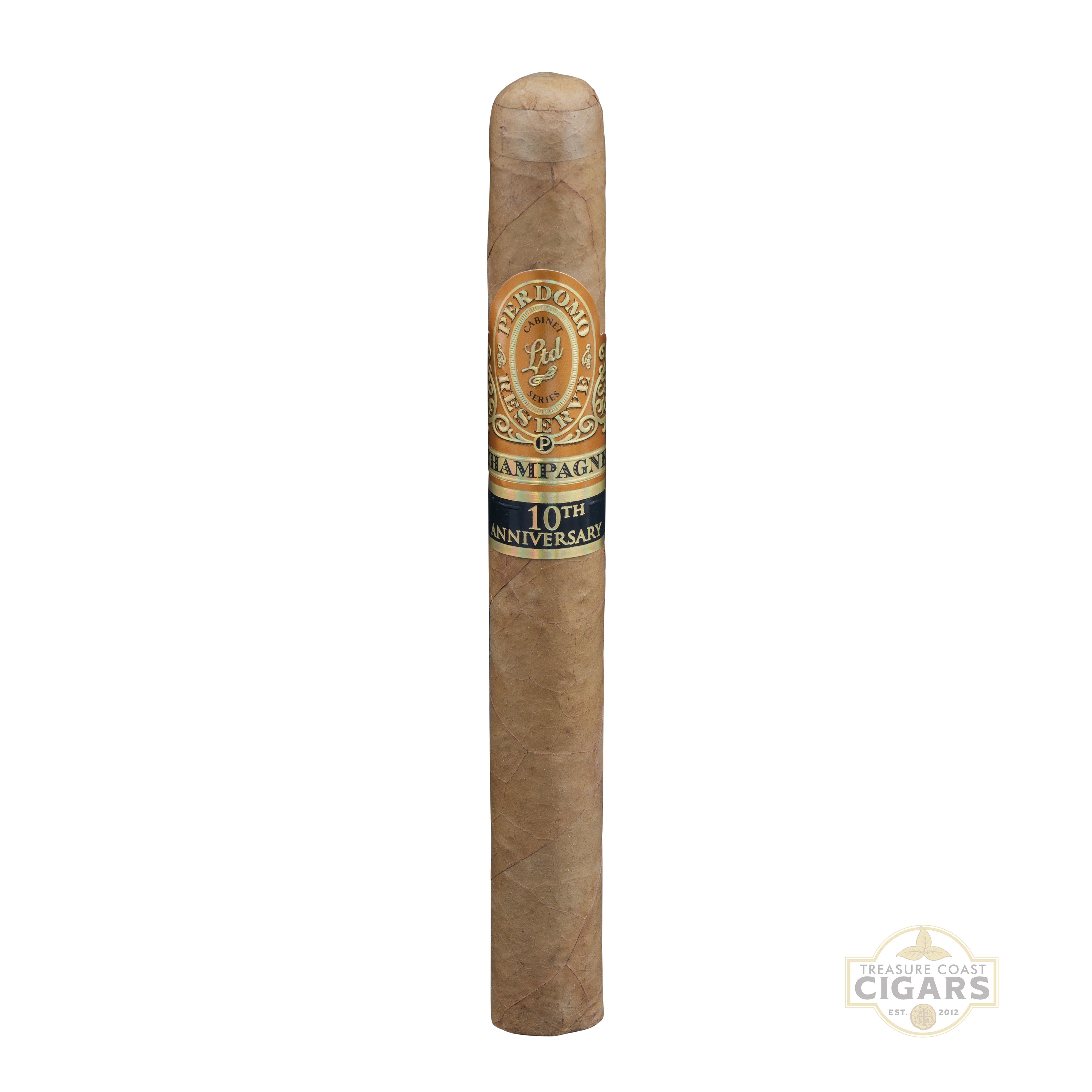 Perdomo Champagne Churchill cigar with a label on a white background