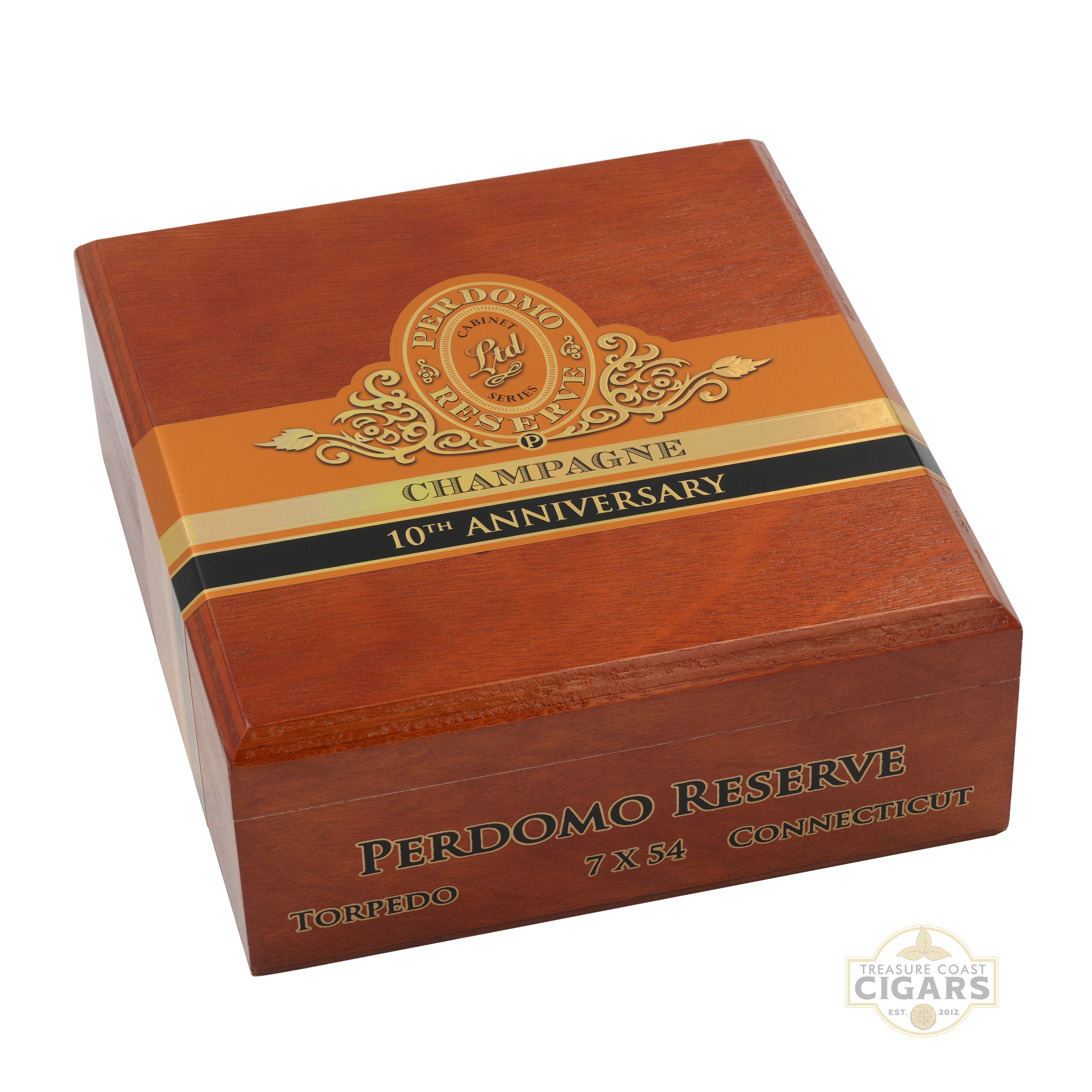 Perdomo Reserve Champagne 10th Anniversary cigar box on a white background