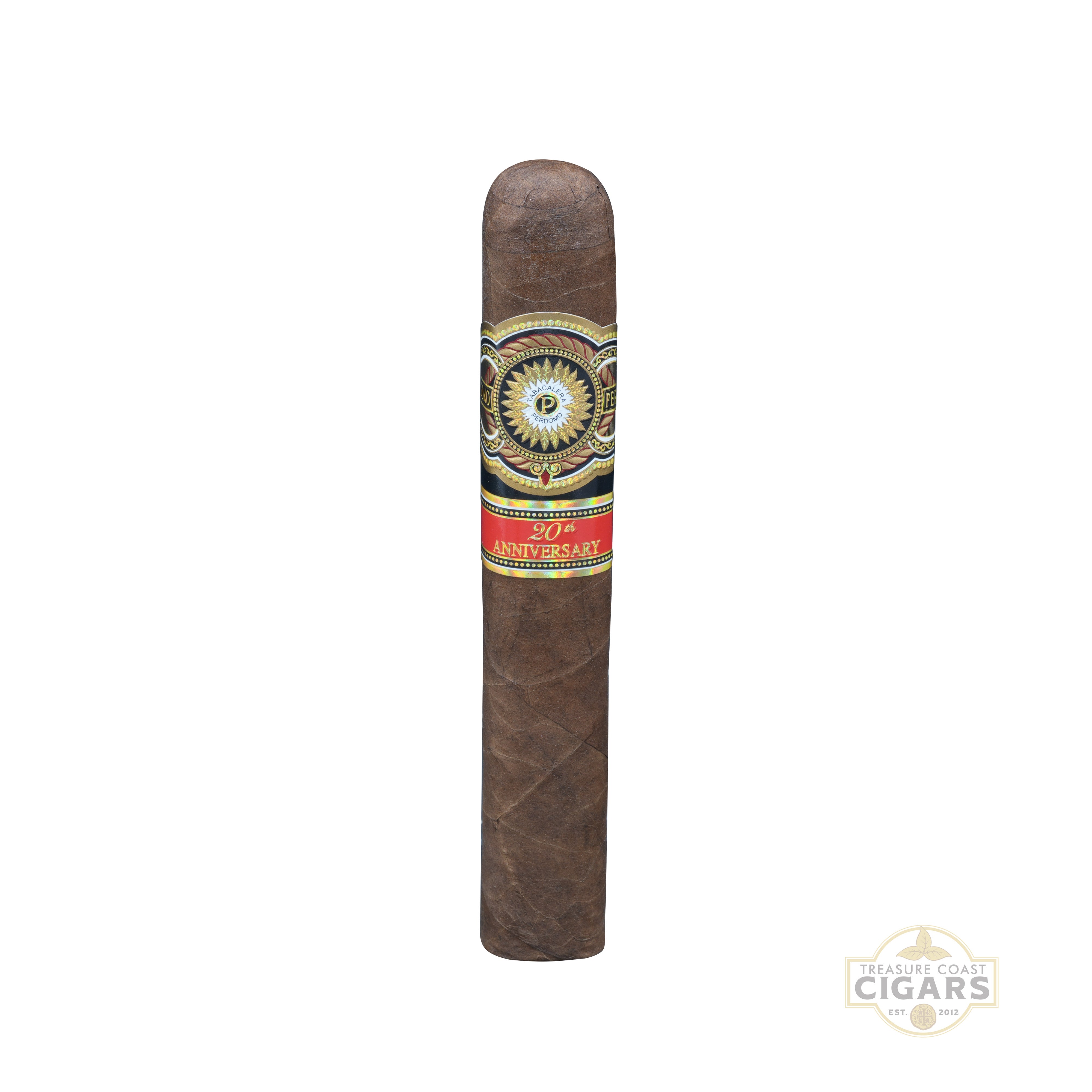 Perdomo 20th Anniversary Maduro Gordo Cigar with a red band featuring gold text on a white background