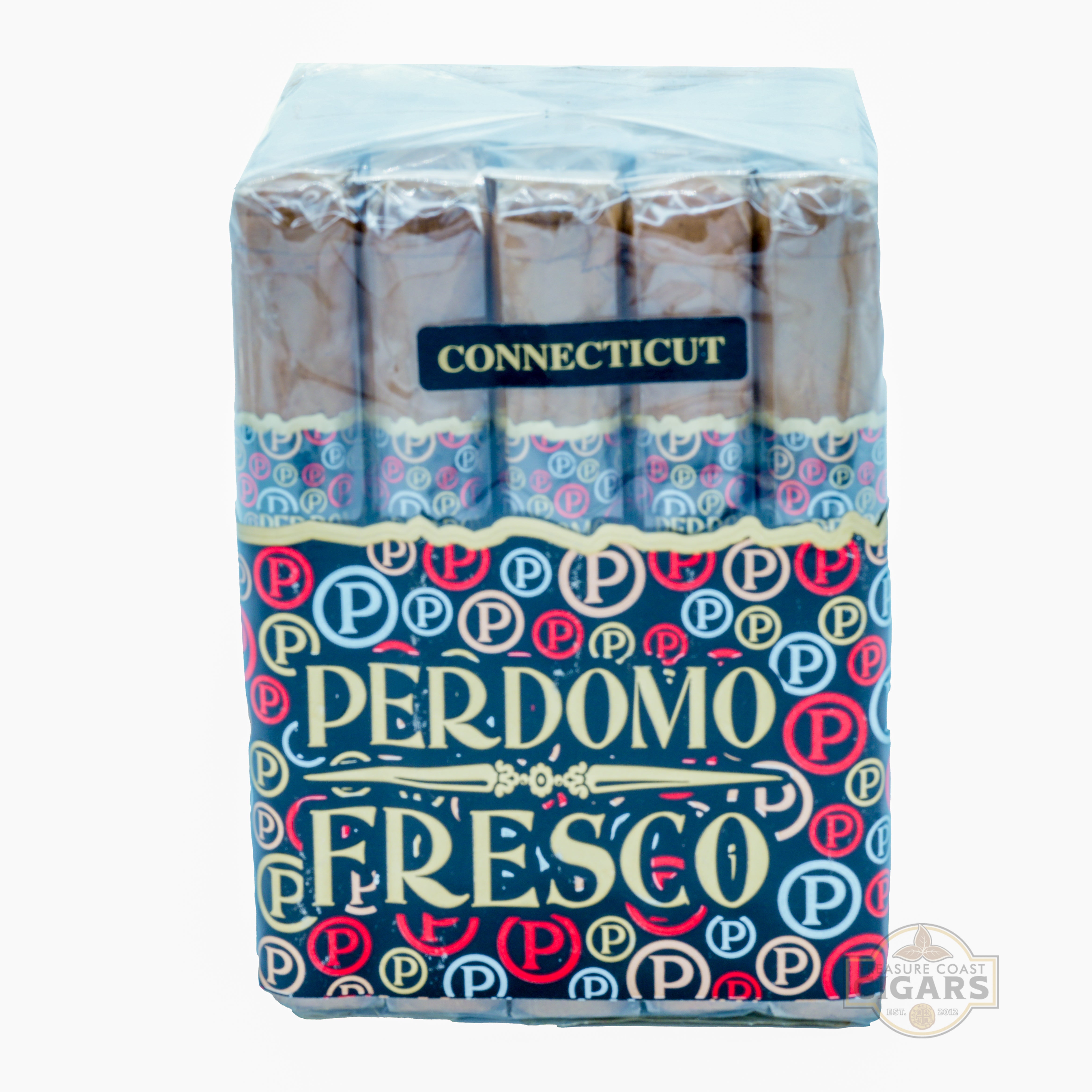 Pack of Perdomo Fresco Connecticut cigars with colorful branding on a white background
