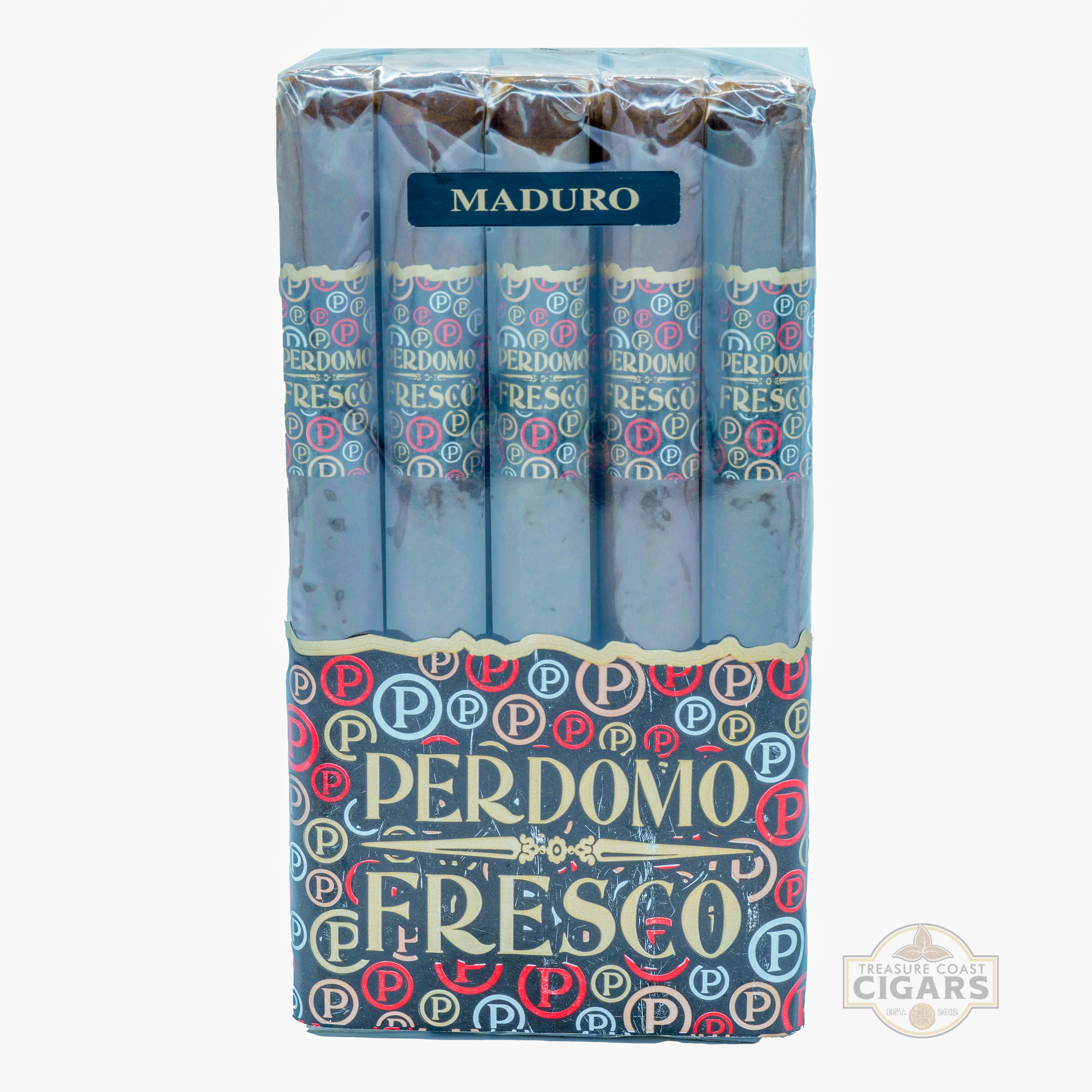 Pack of Perdomo Fresco Maduro cigars with colorful branding on a white background