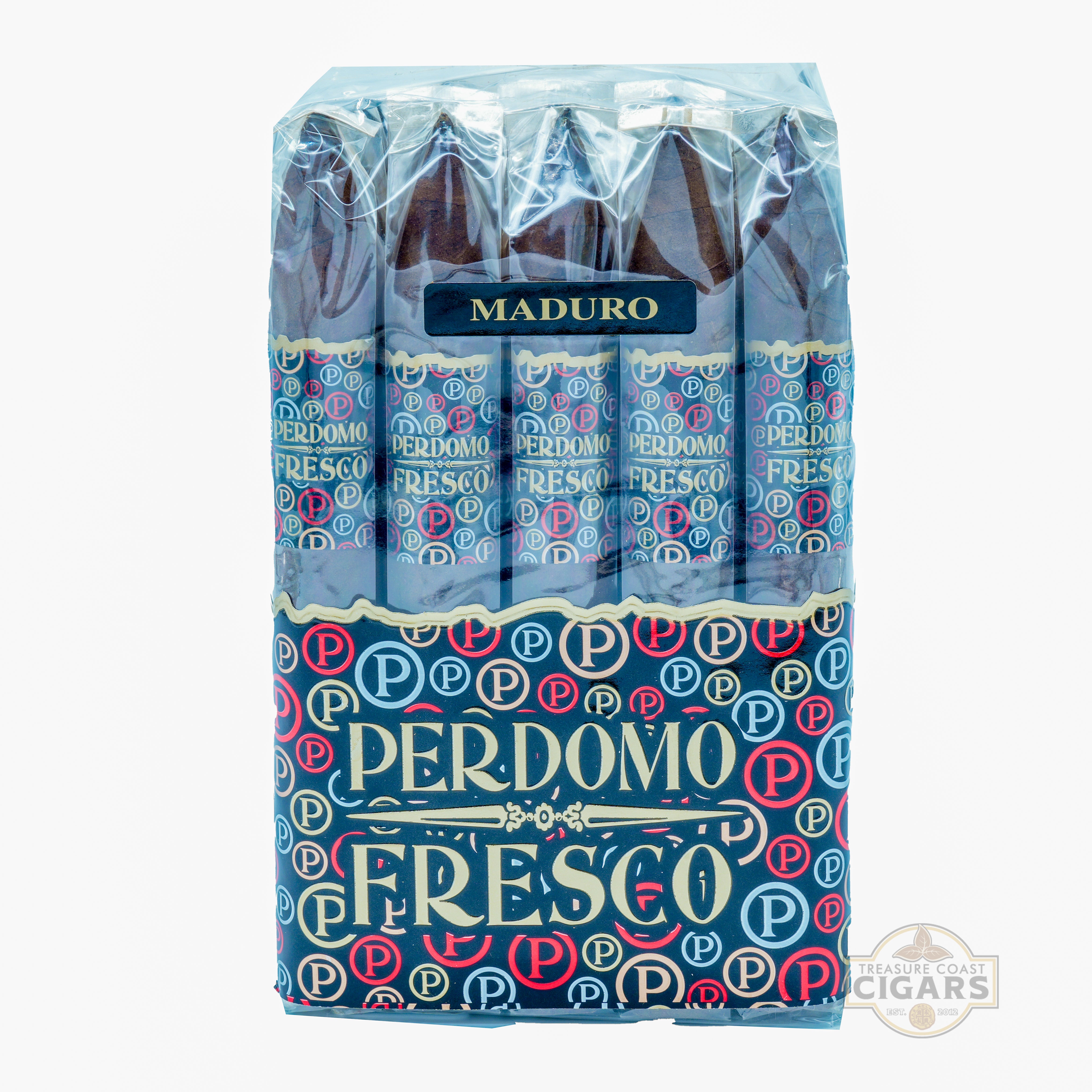 Pack of Perdomo Fresco Maduro cigars in a clear plastic wrap on a white background