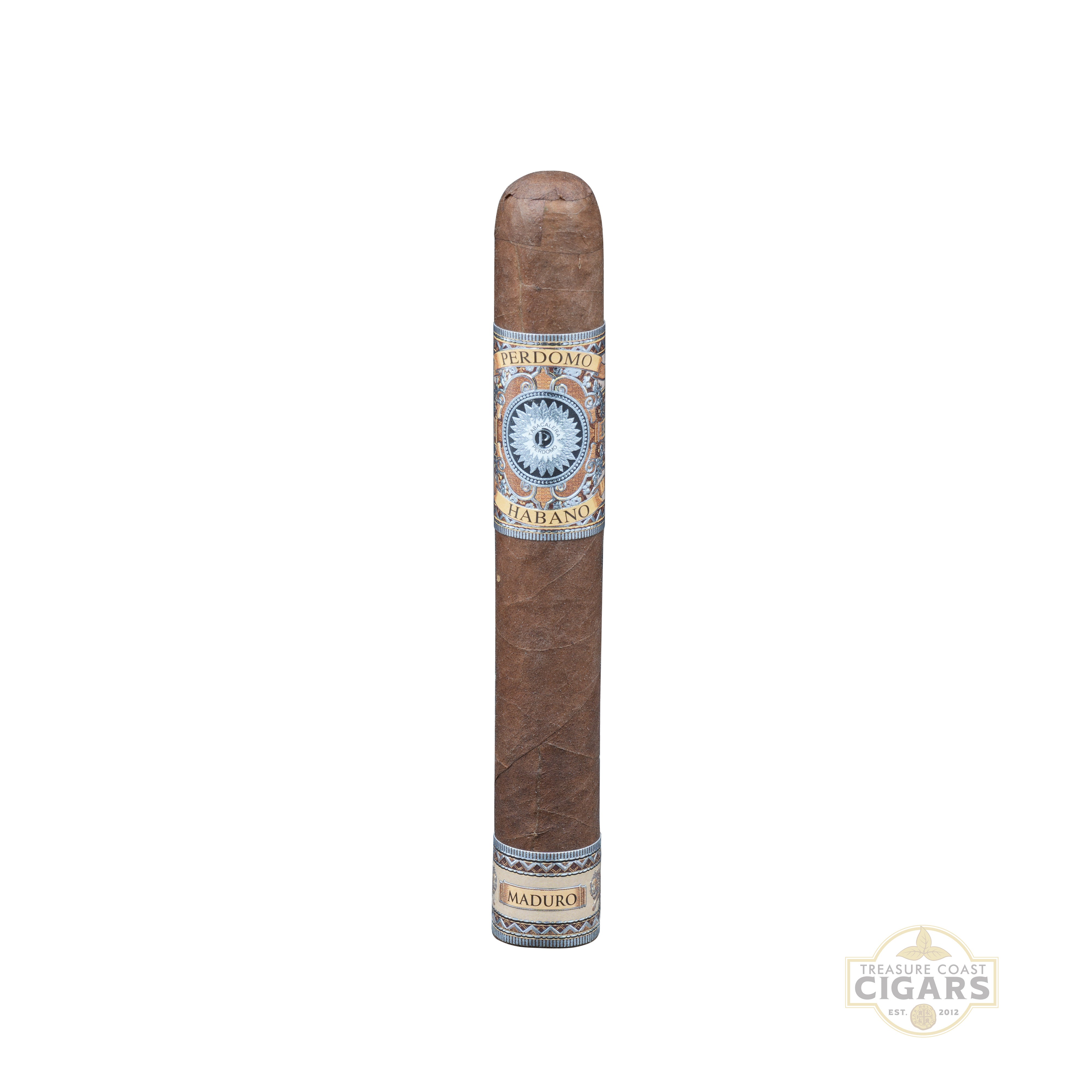 Perdomo Habano Bourbon Barrel Aged Maduro Epicure Cigar with decorative band on a white background