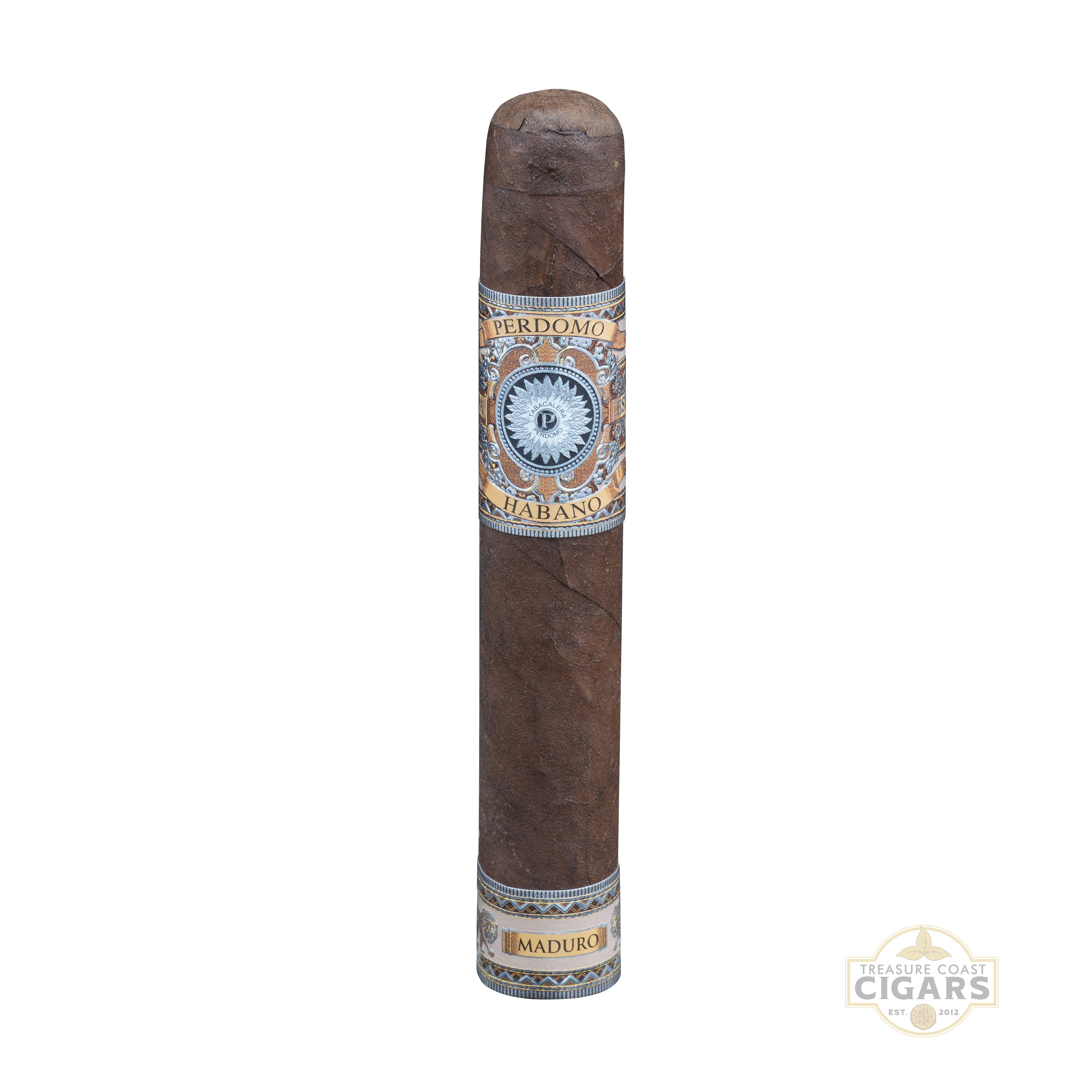 Cigar with Perdomo Habano label on a white background