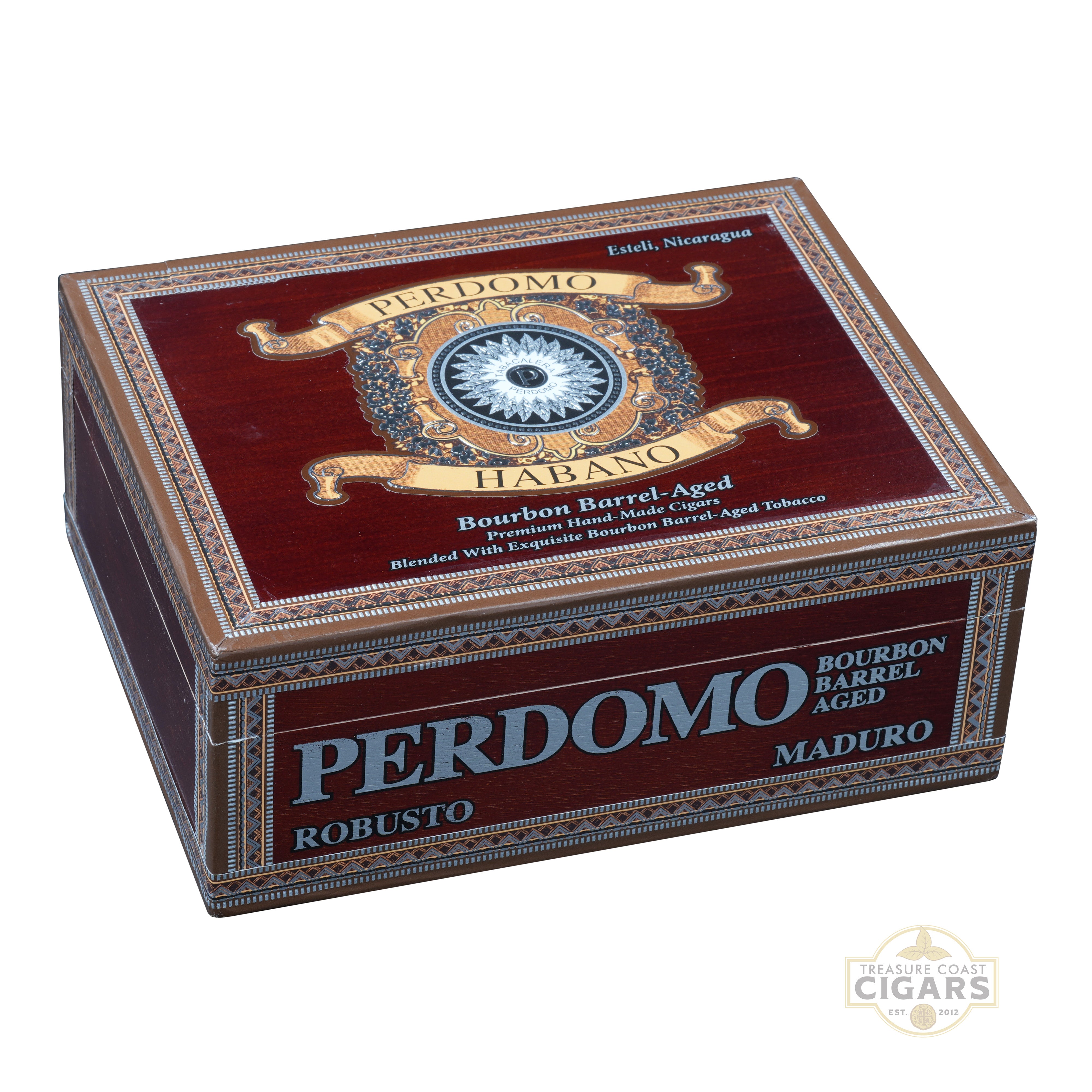 Perdomo Habano Bourbon Barrel Aged Maduro cigar box on a white background