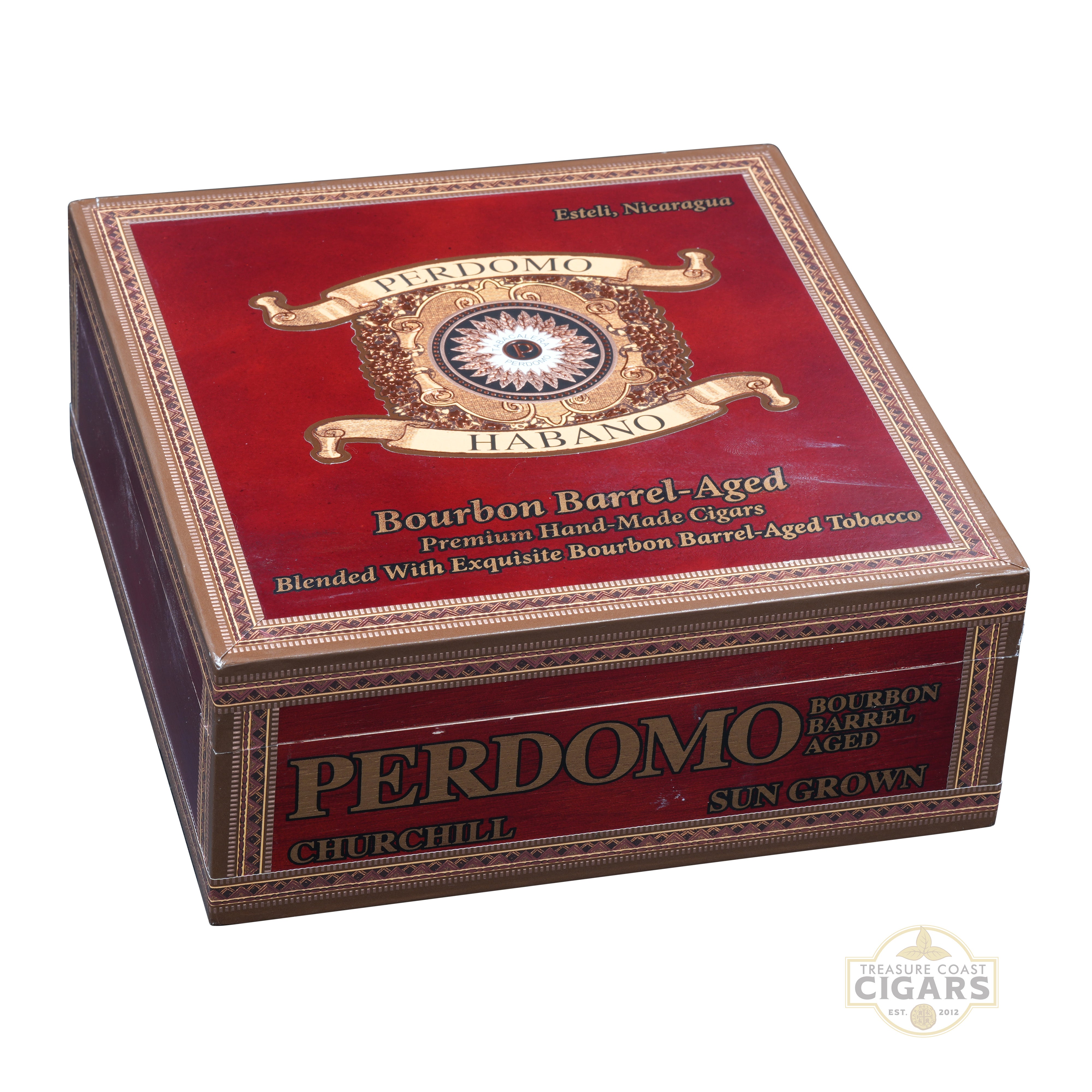 Perdomo Habano bourbon barrel aged churchill cigar box on a white background