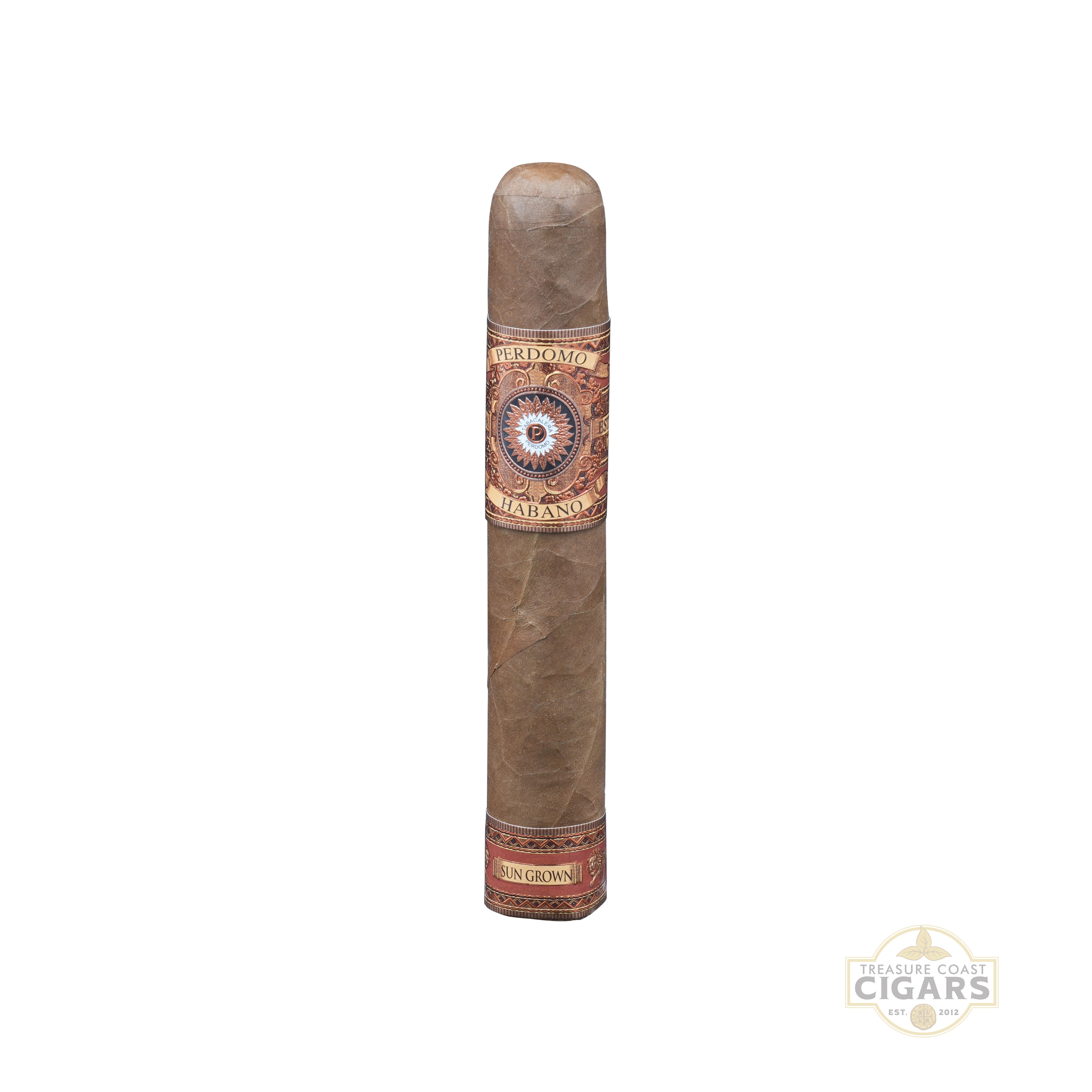 Perdomo Habano BBA Sun Grown Gordo Cigar with a brand label on a white background