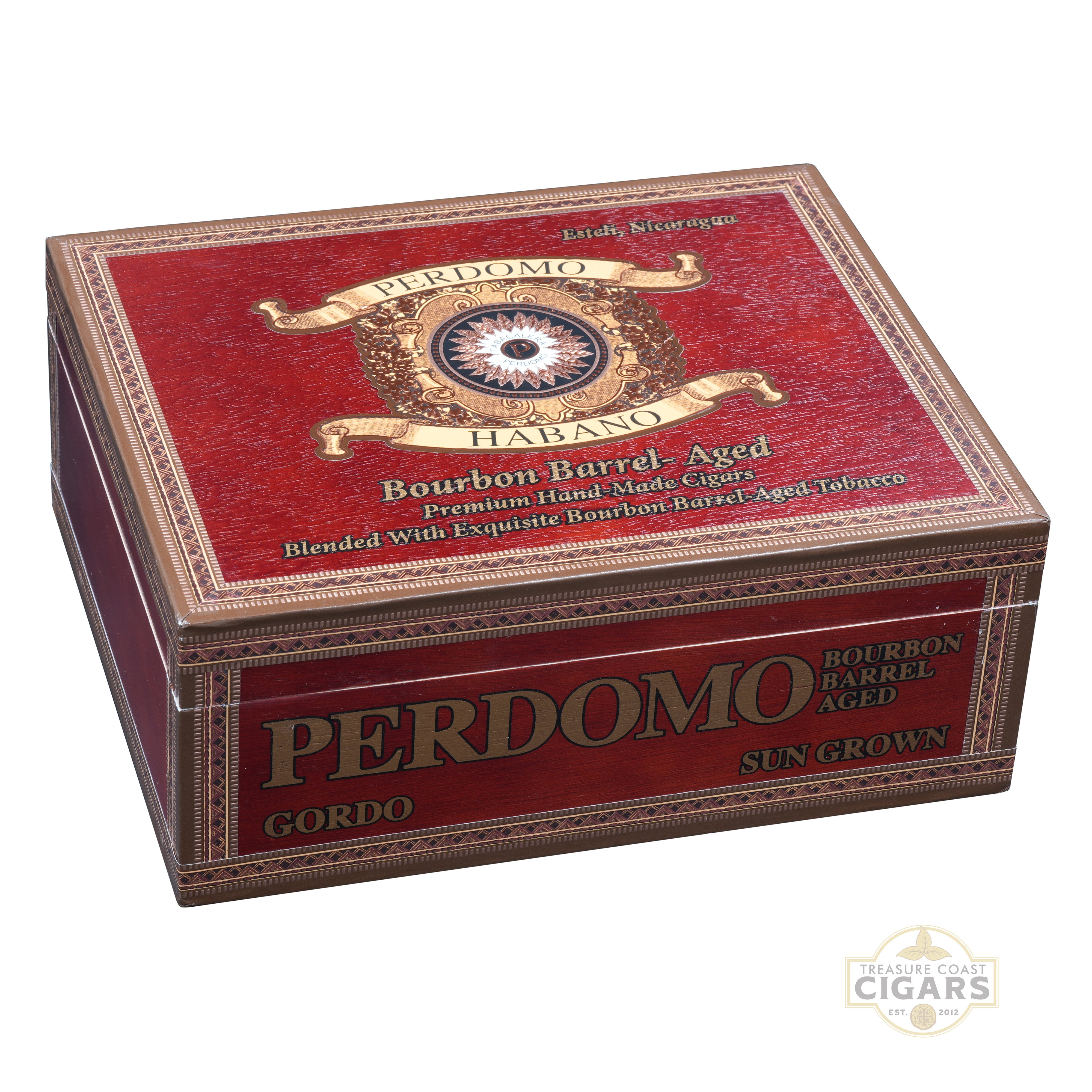 Perdomo Habano Bourbon Barrel Aged Gordo cigar box on a white background