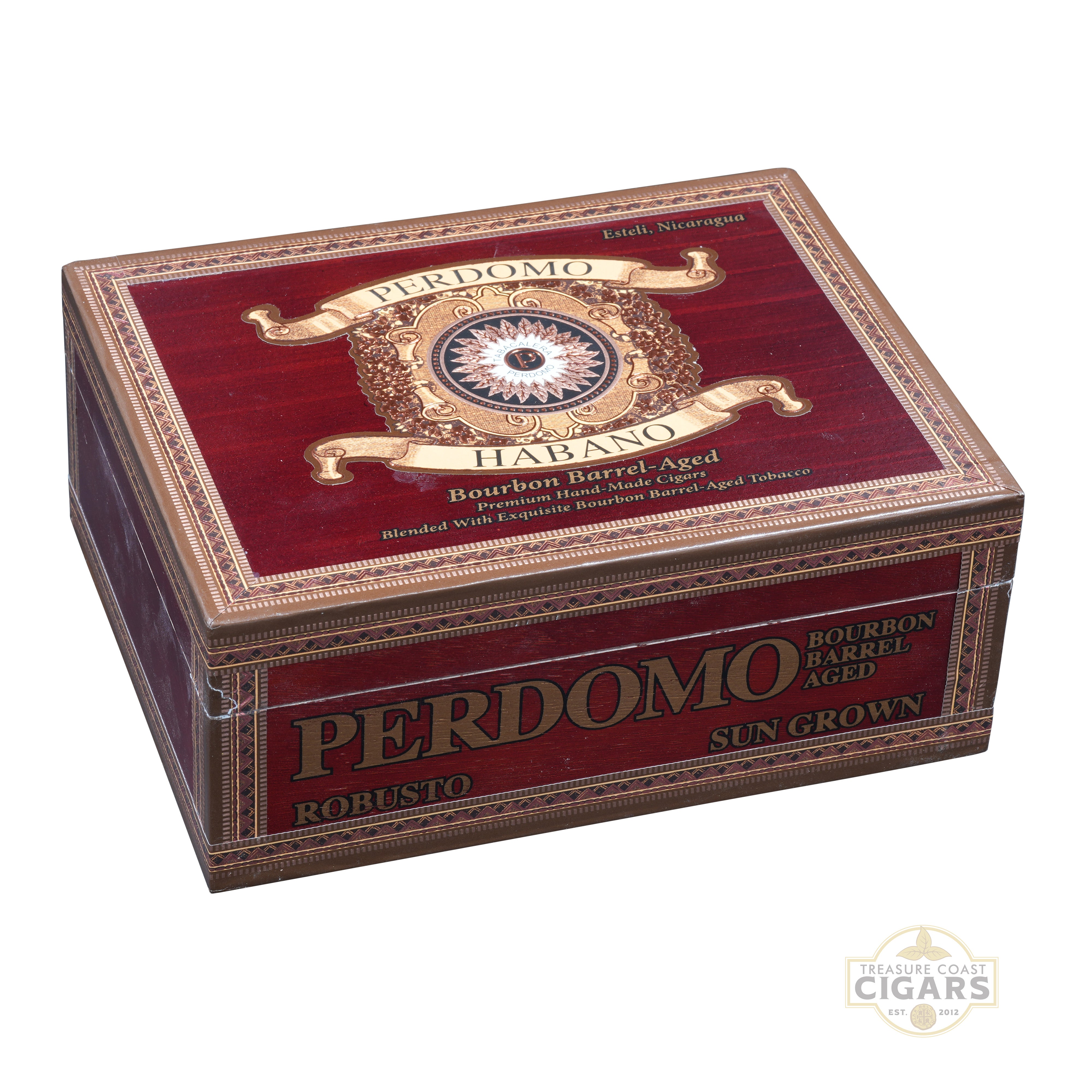 Perdomo Habano Bourbon Barrel Aged cigar box on a white background