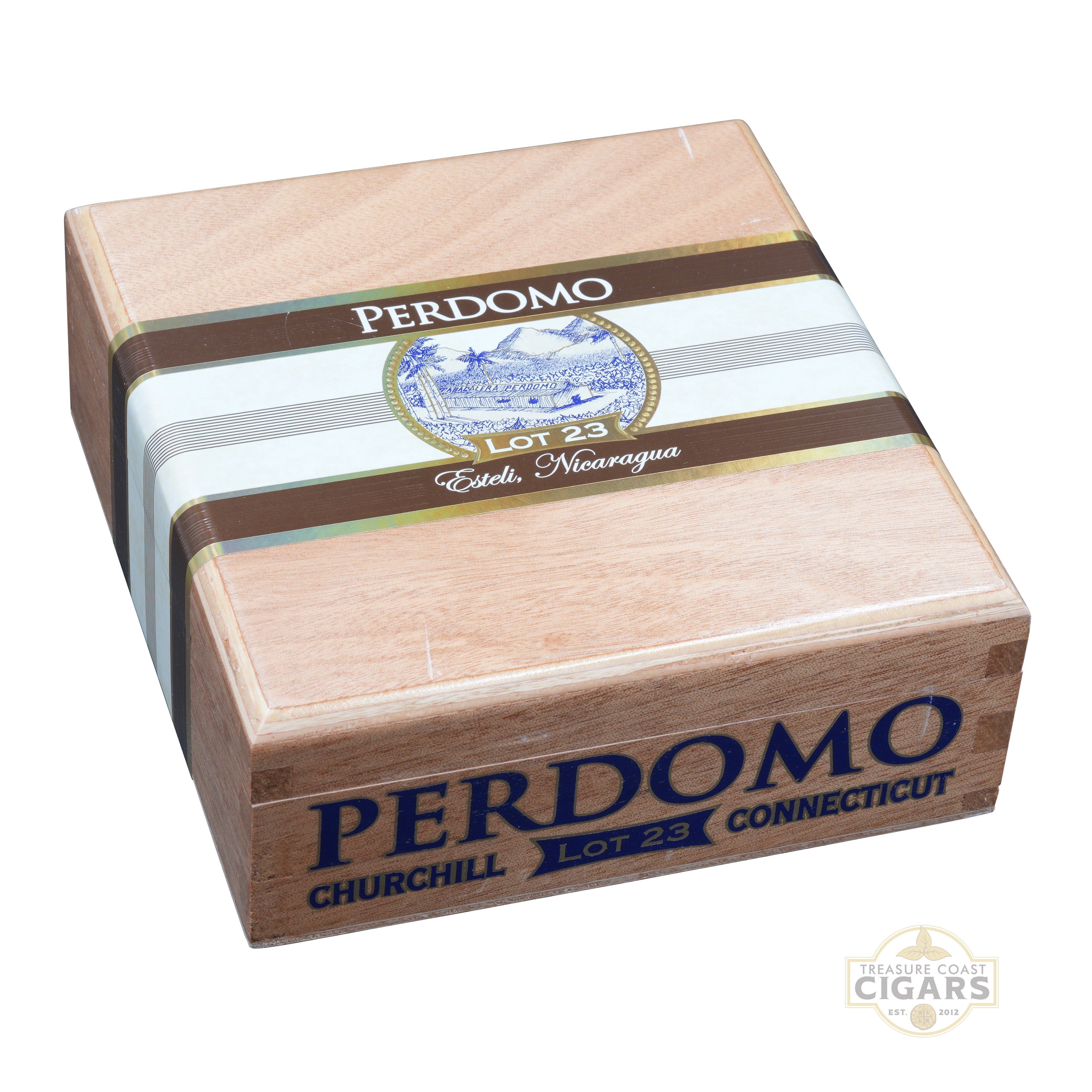 Perdomo Lot 23 Connecticut Churchill cigar box on a white background