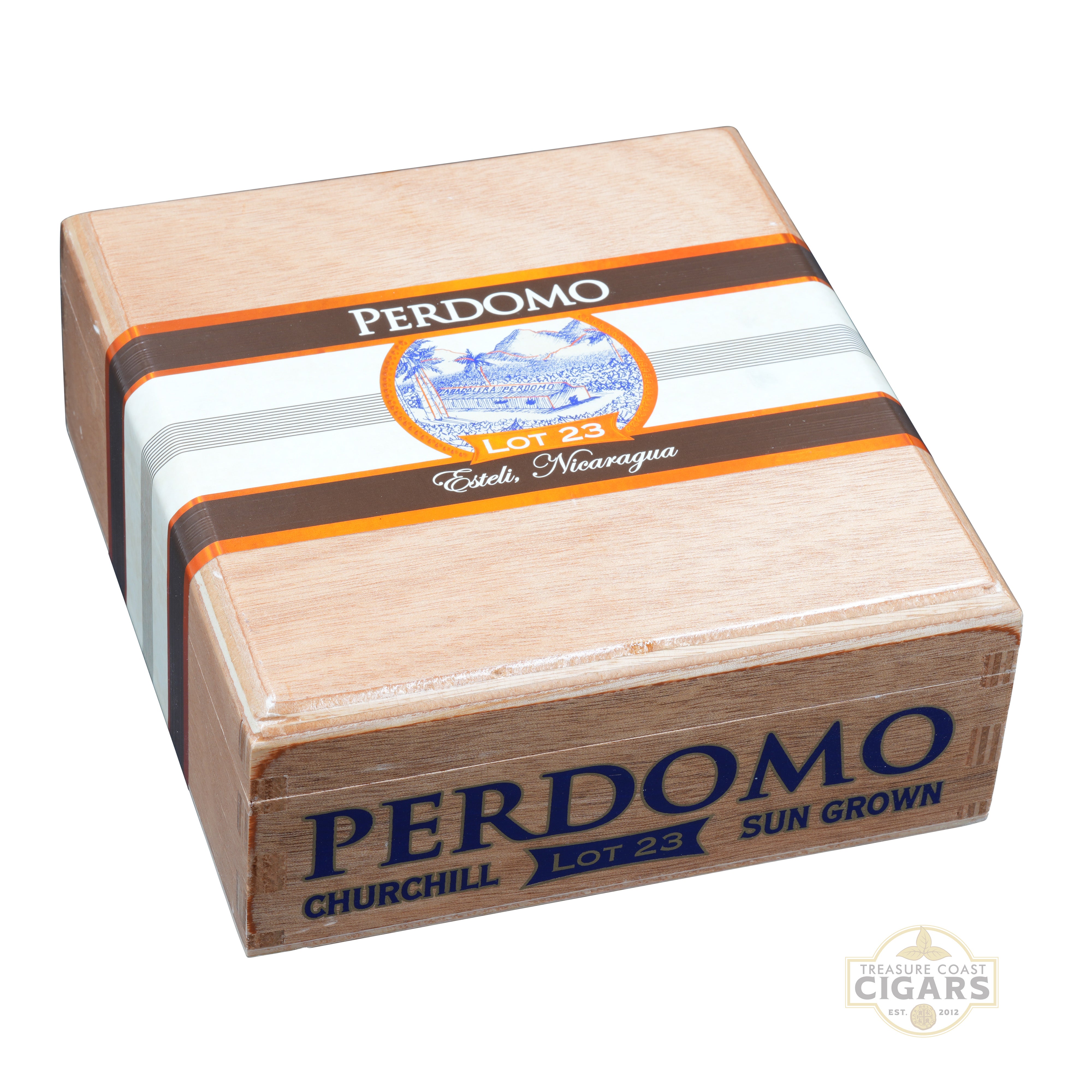 Perdomo Lot 23 Sun Grown Churchill cigar box with branding and product details on a white background