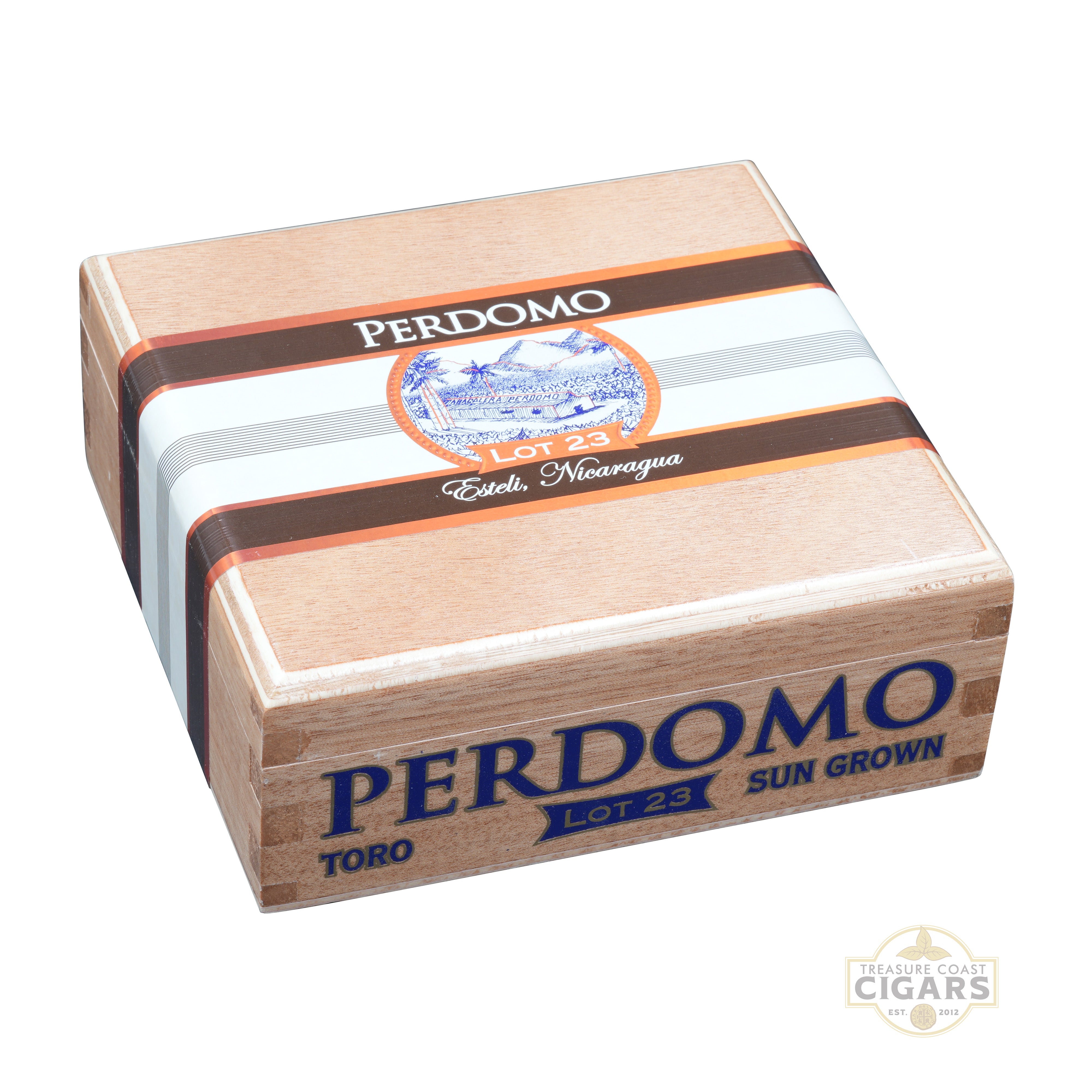 Perdomo Lot 23 Sun Grown toro cigar box with branding on a white background