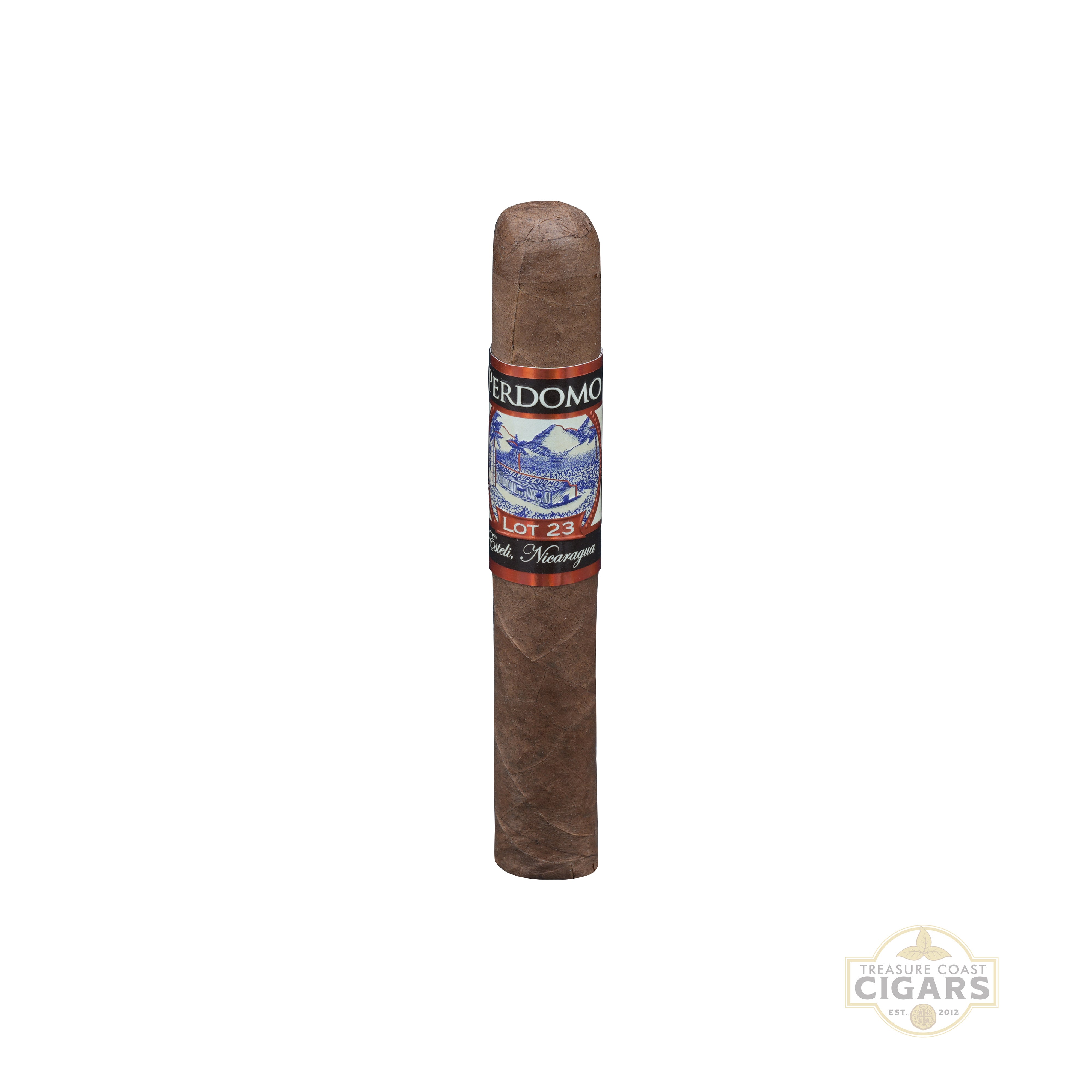 Perdomo Lot 23 Sun Grown Robusto Cigar with a label on a white background