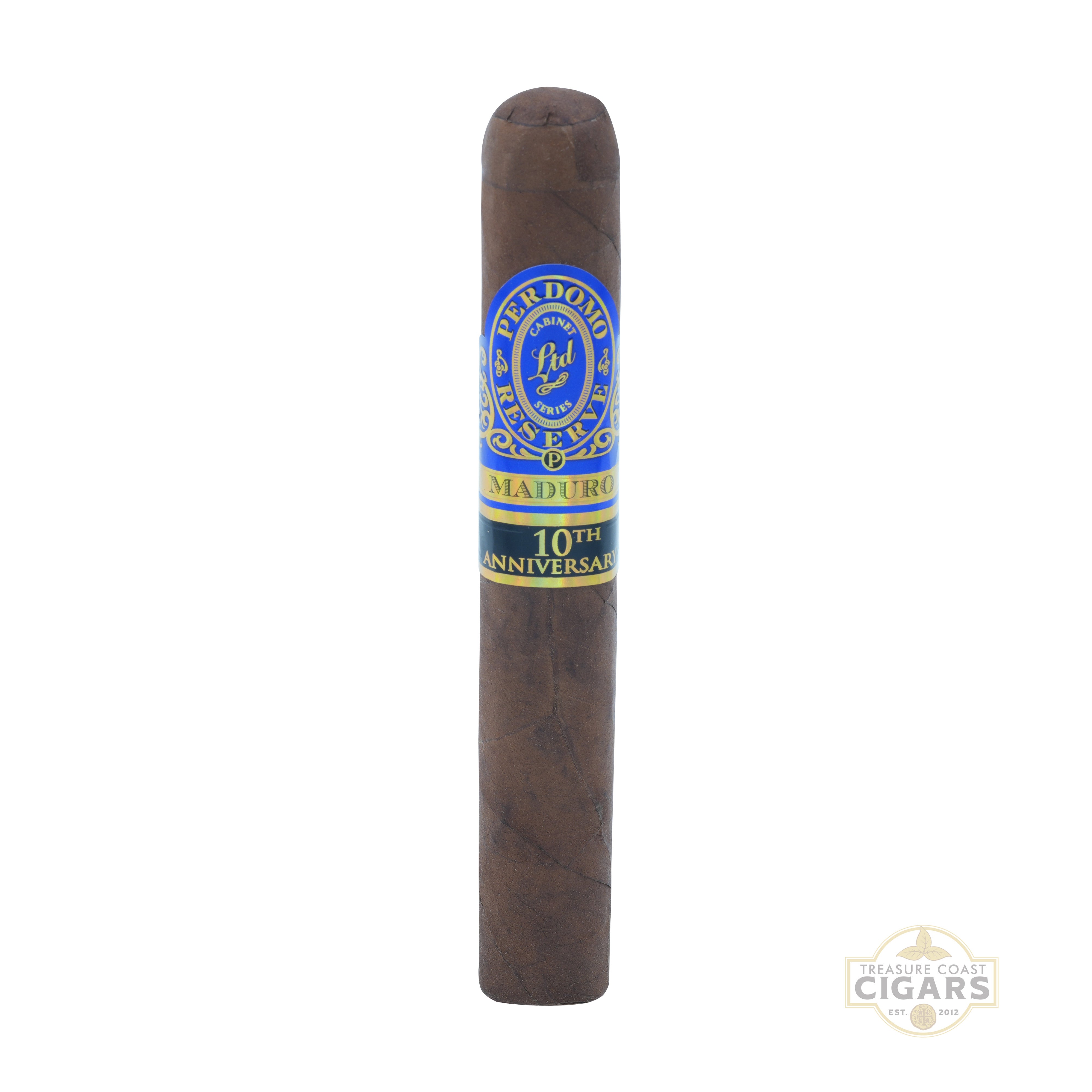 Cigar with Perdomo Maduro 10th Anniversary label on a white background
