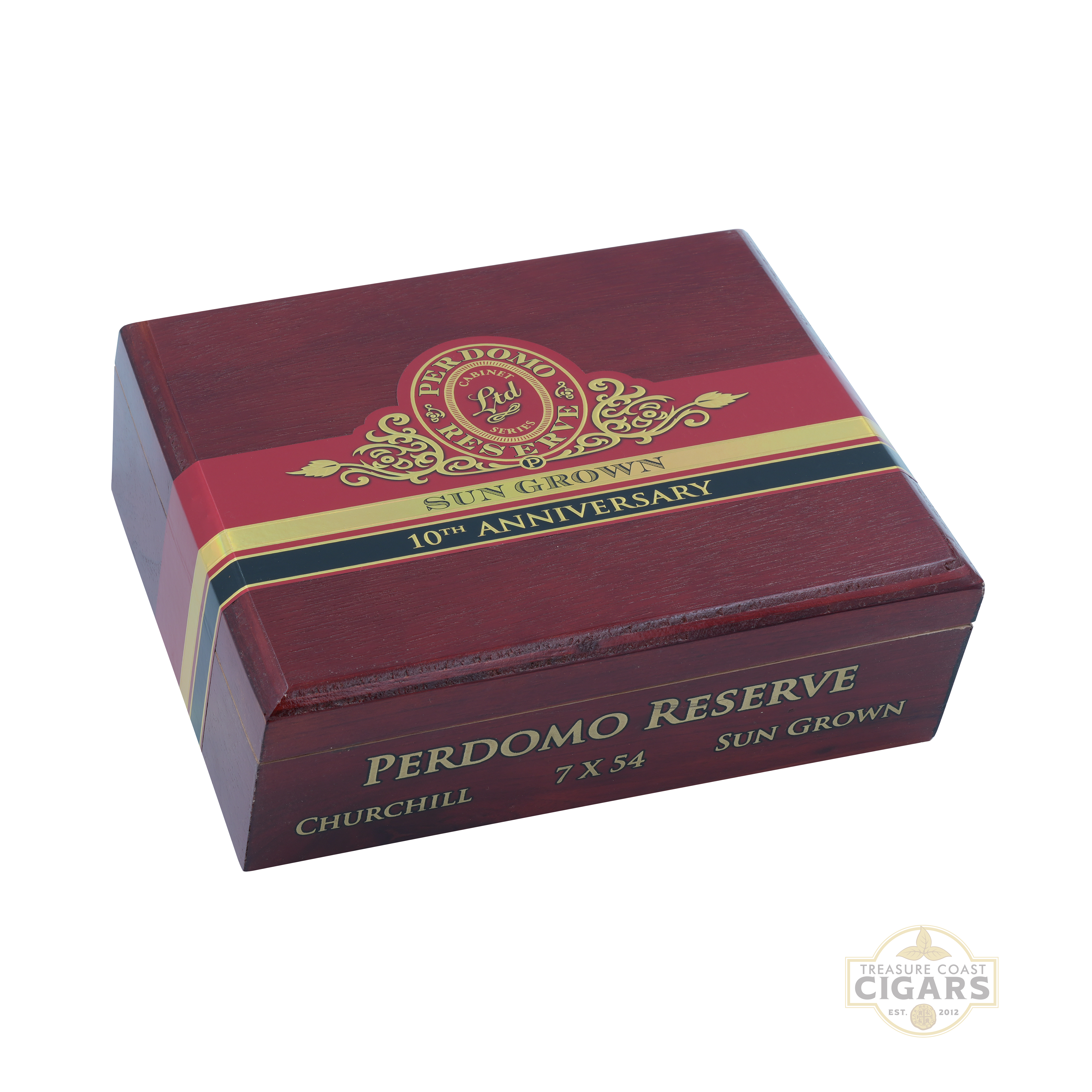 Perdomo Reserve Sun Grown cigar box with red and gold design on a white background