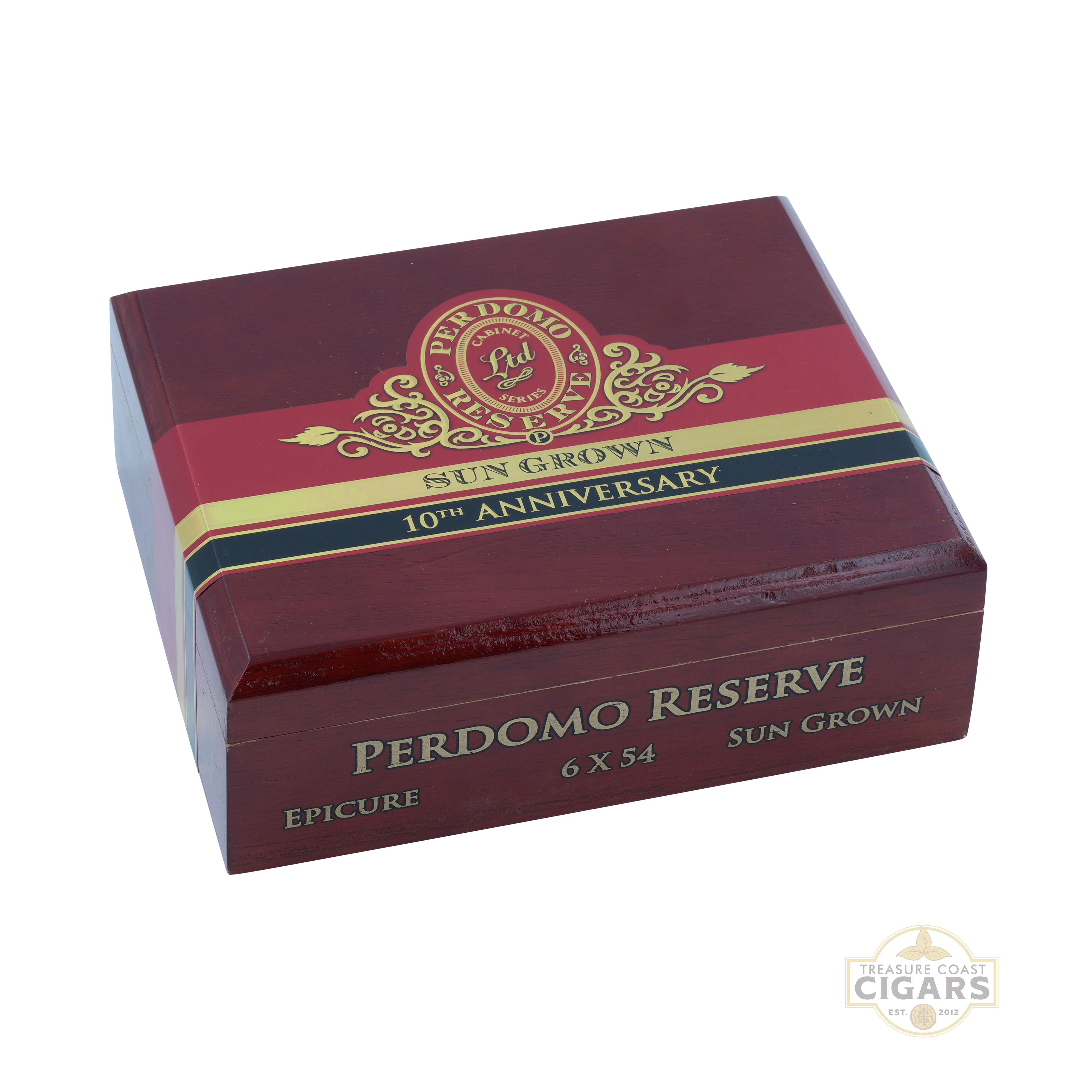 Perdomo Reserve Sun Grown cigar box with red and gold design on a white background