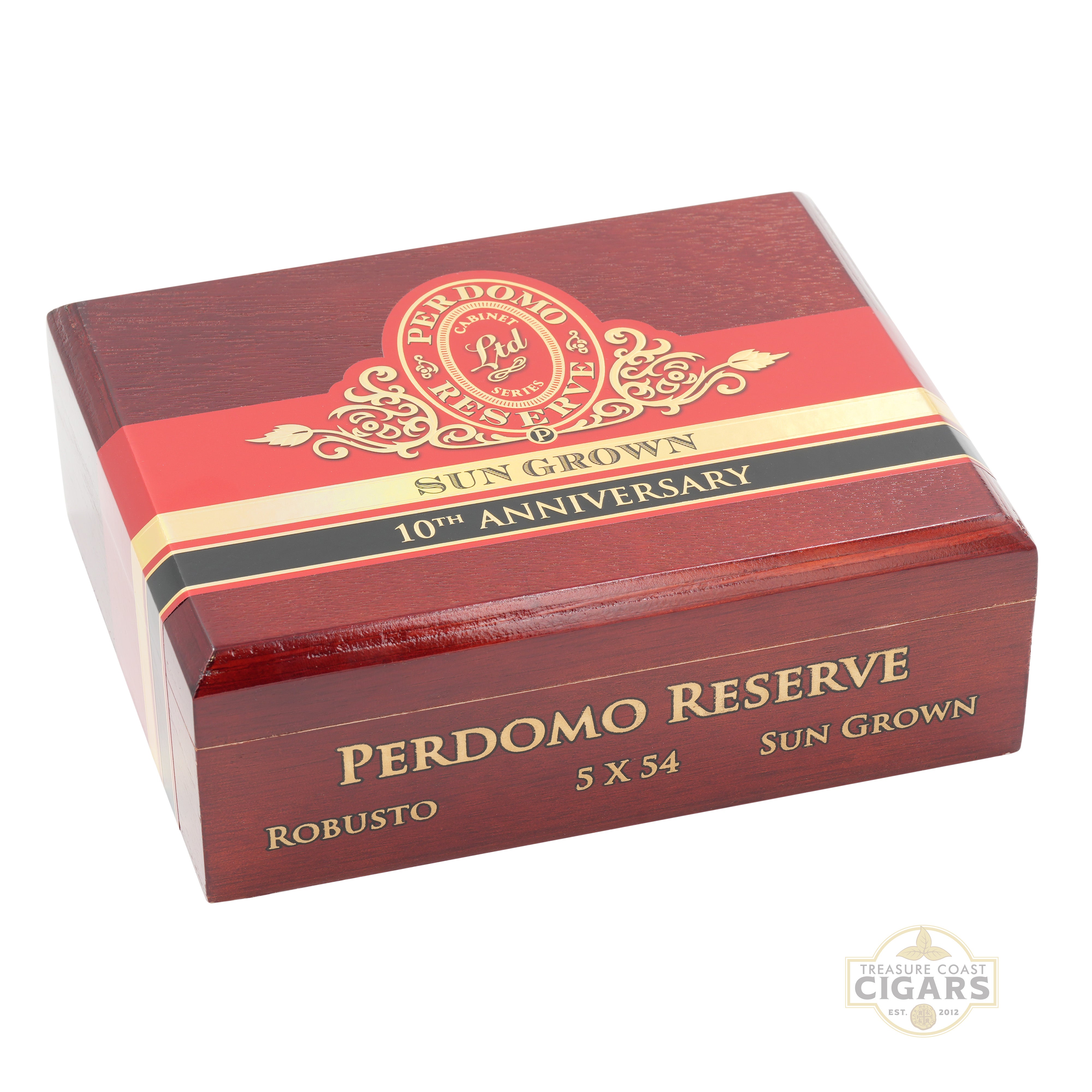 Perdomo Reserve cigar box with red and gold design on a white background