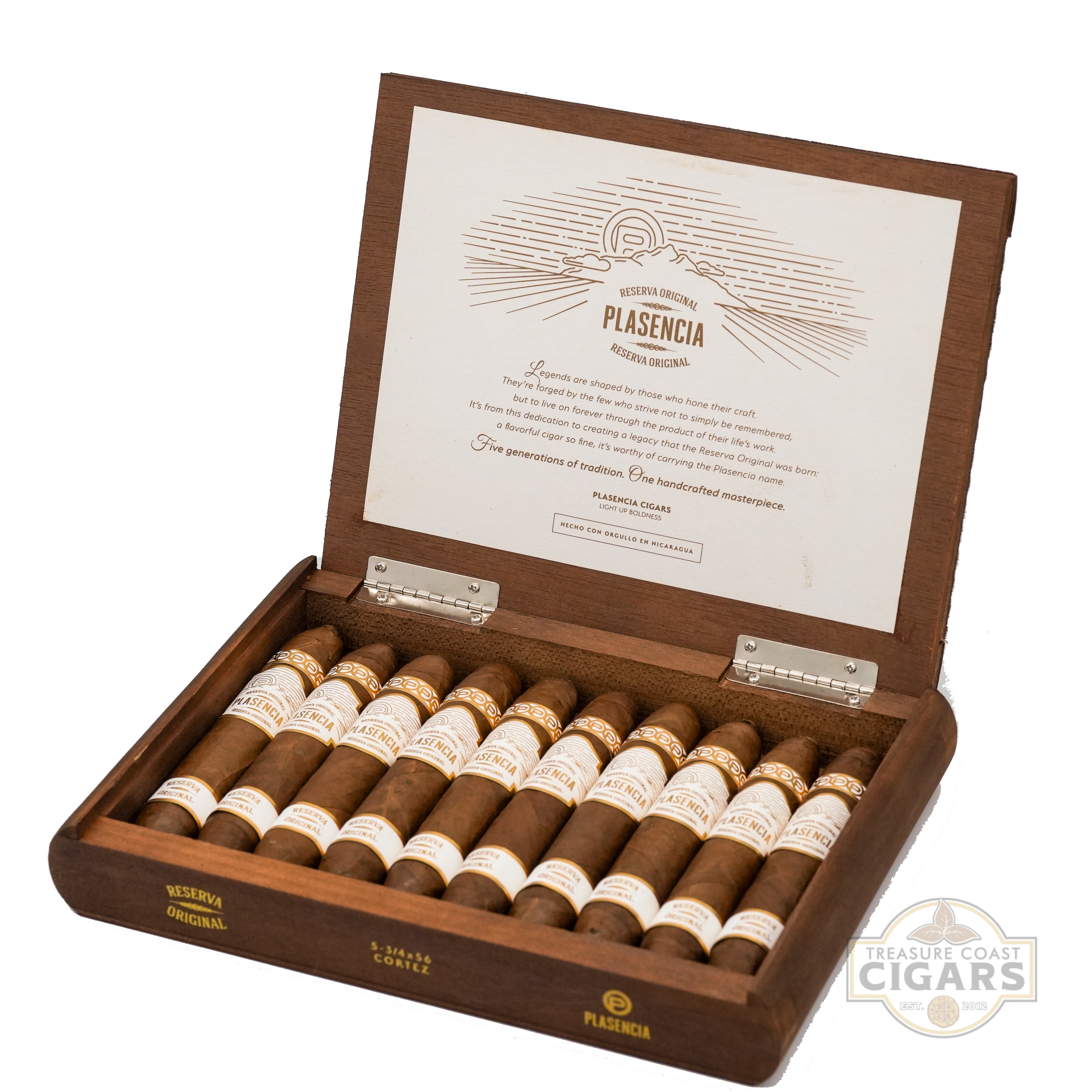 Open wooden box of Plasencia cigars with a white interior label on a white background.