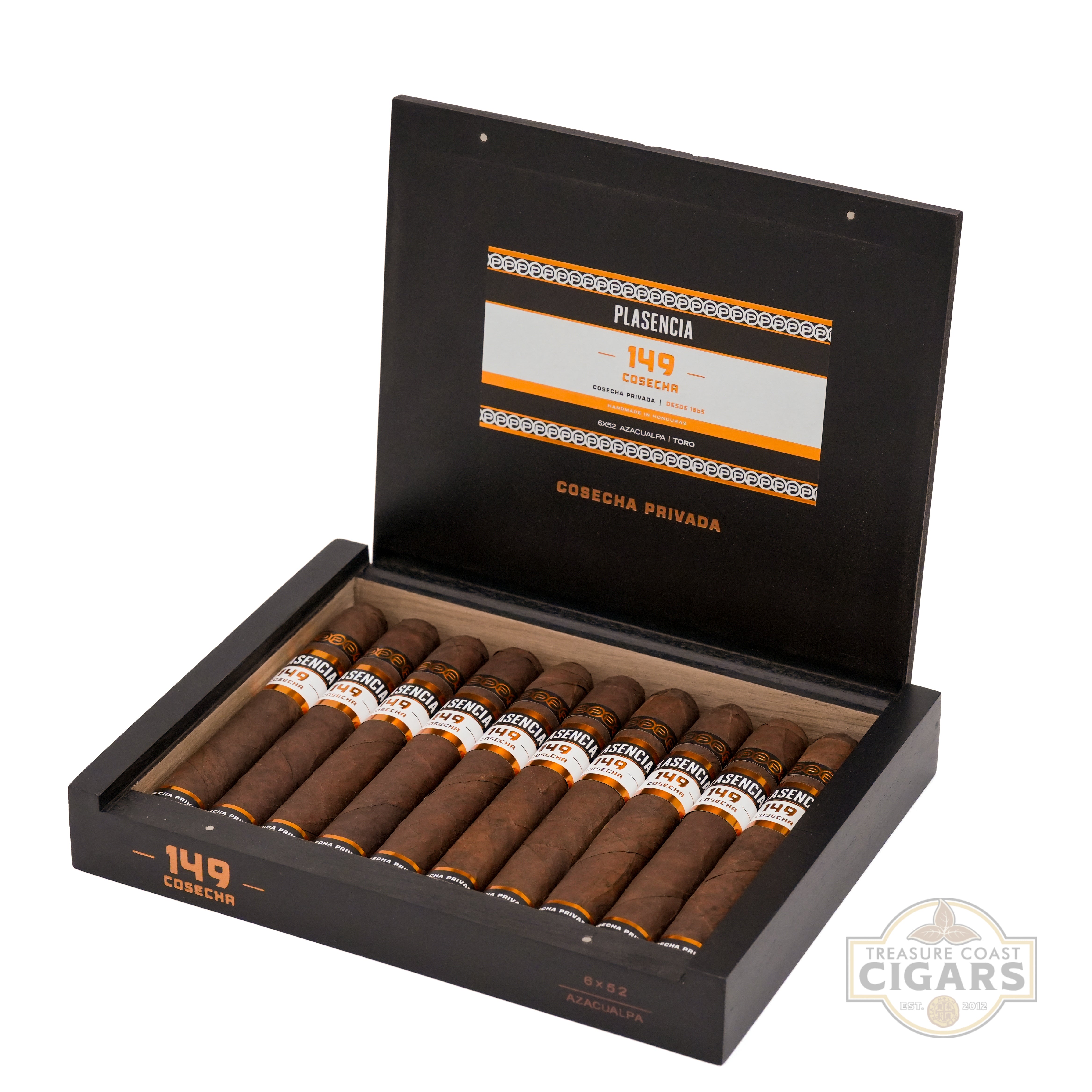 Open box of Plasencia cigars with cigars inside on a white background