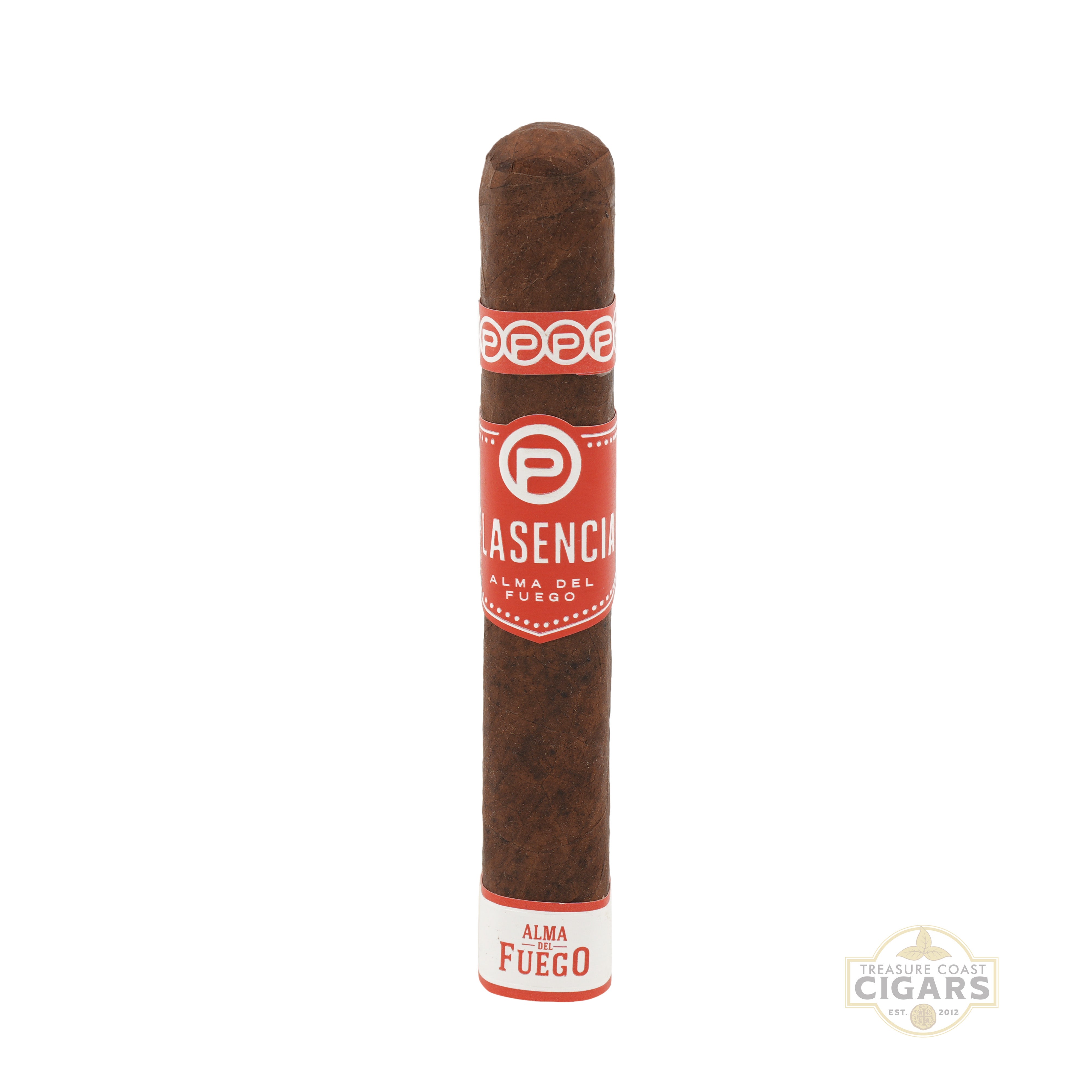 Cigar with a red and white label on a white background