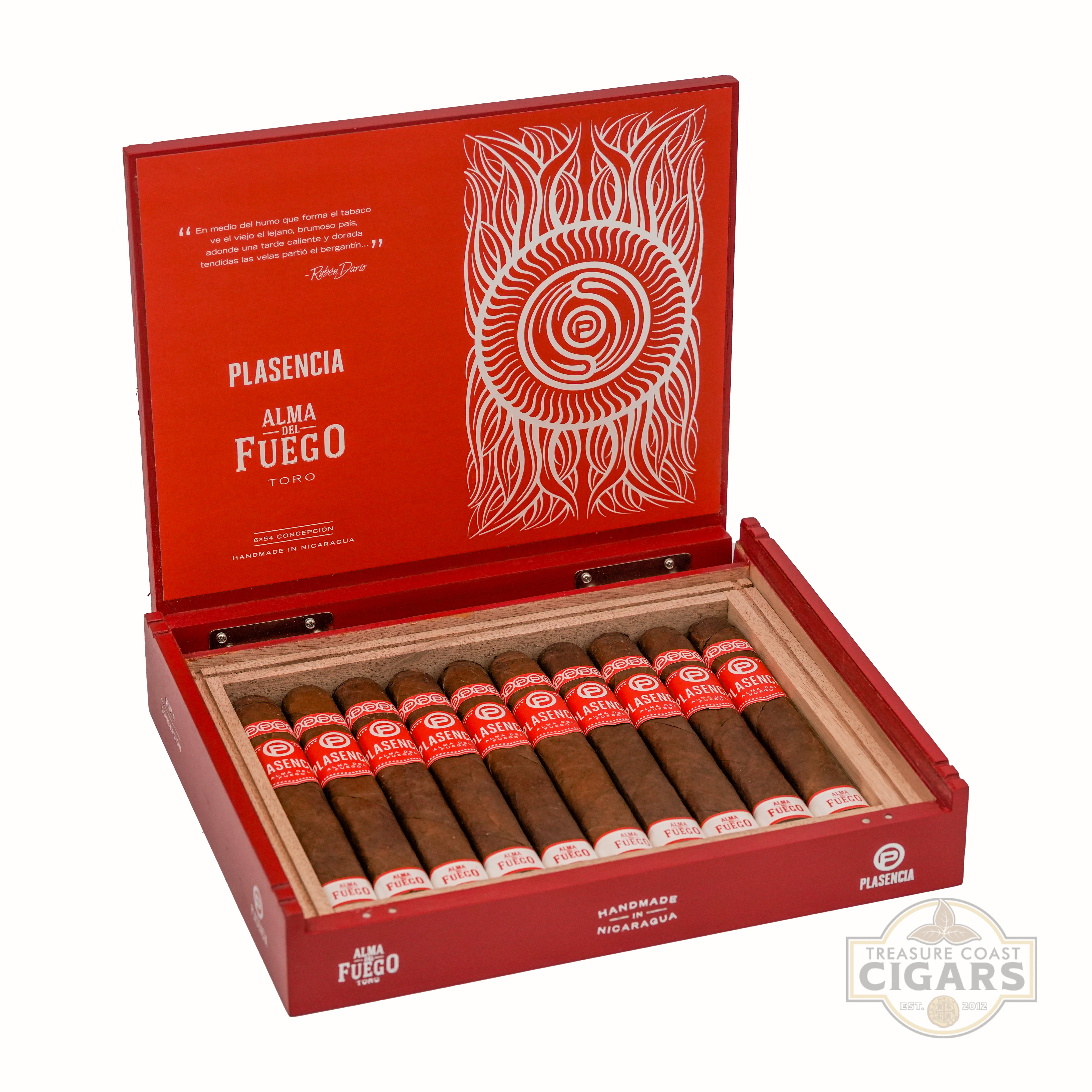 Open red cigar box with cigars inside, featuring Plasencia branding.