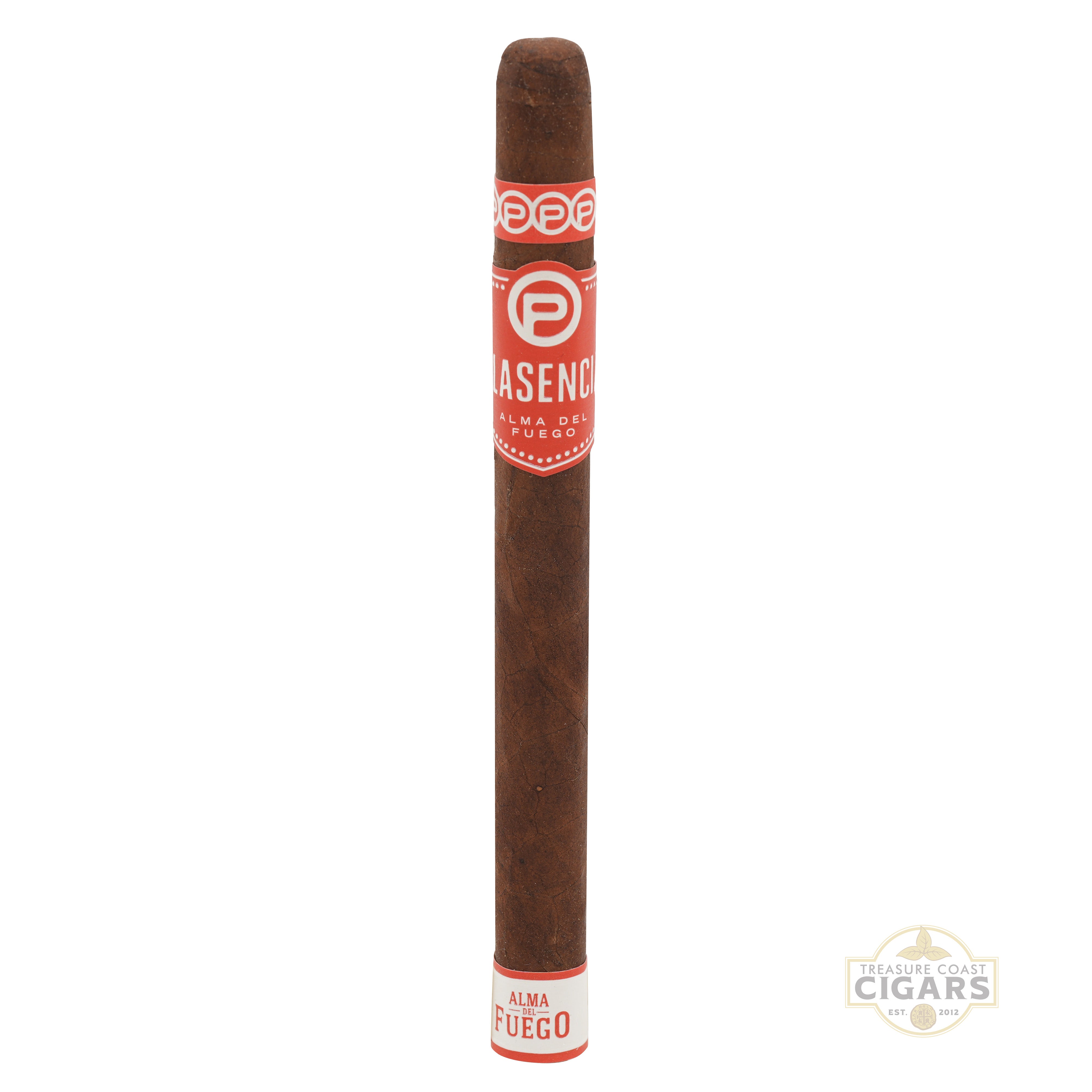 Cigar with a red and white label on a white background