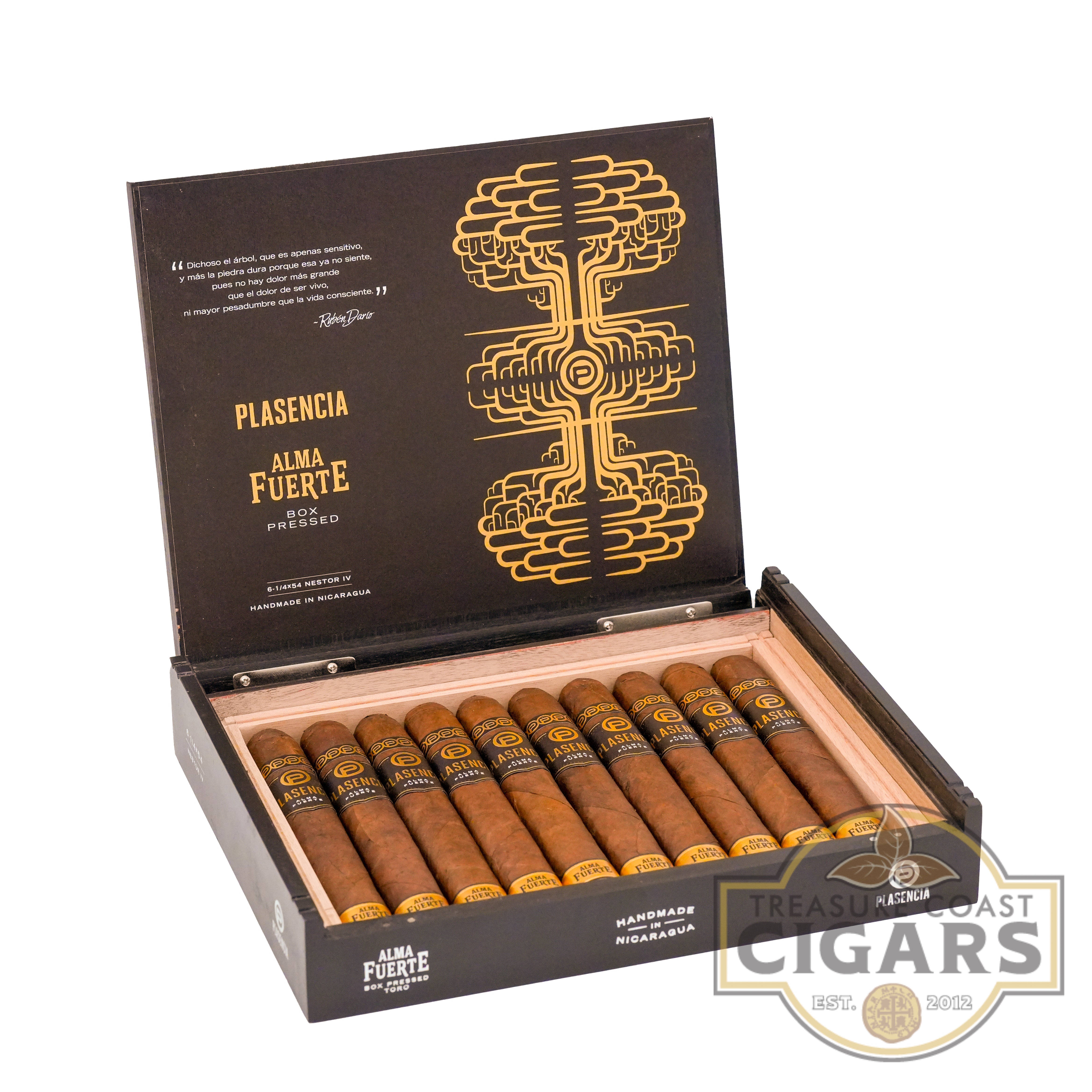 Open box of Plasencia Alma Fuerte cigars with visible branding on a white background