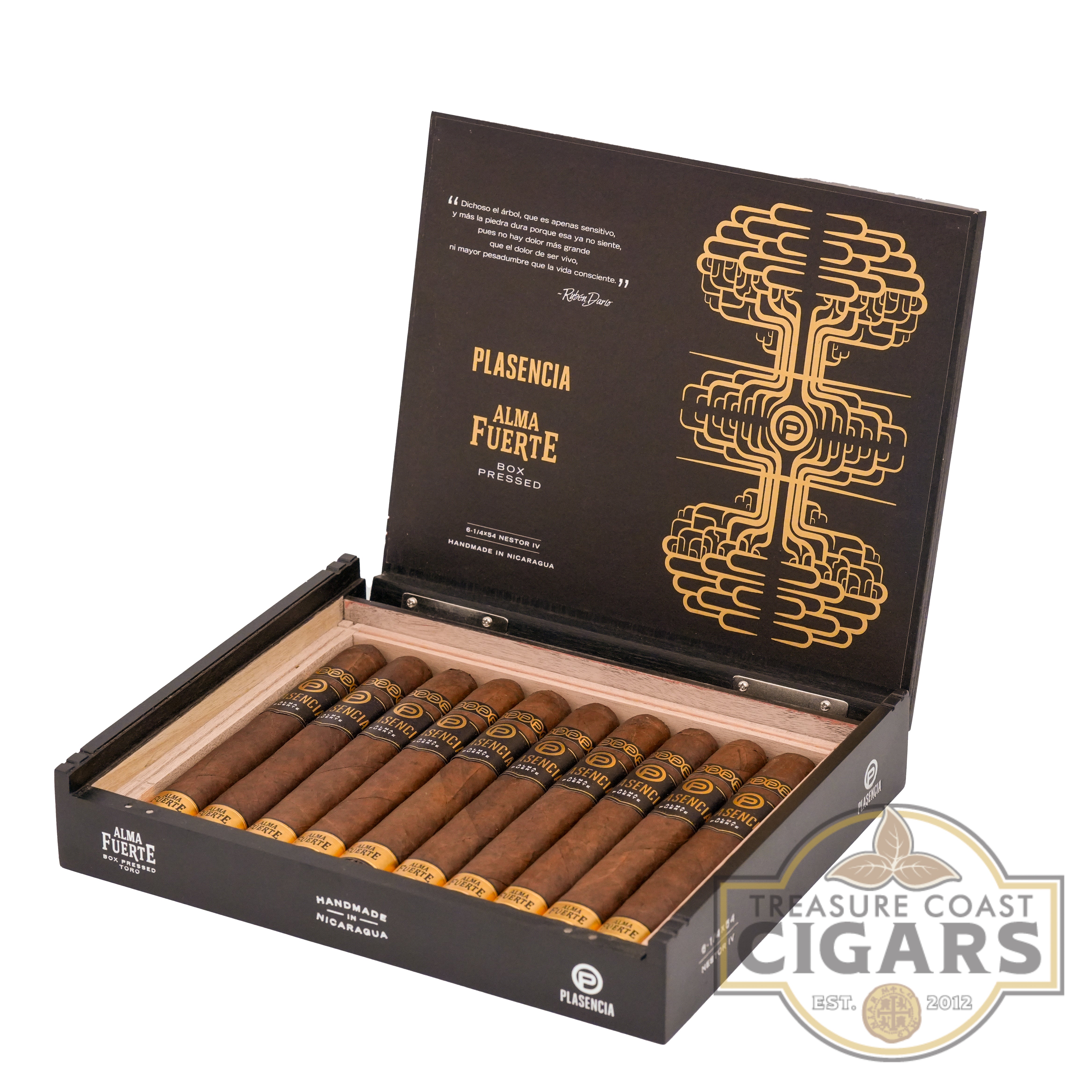 Open box of Plasencia cigars with cigars inside on a white background