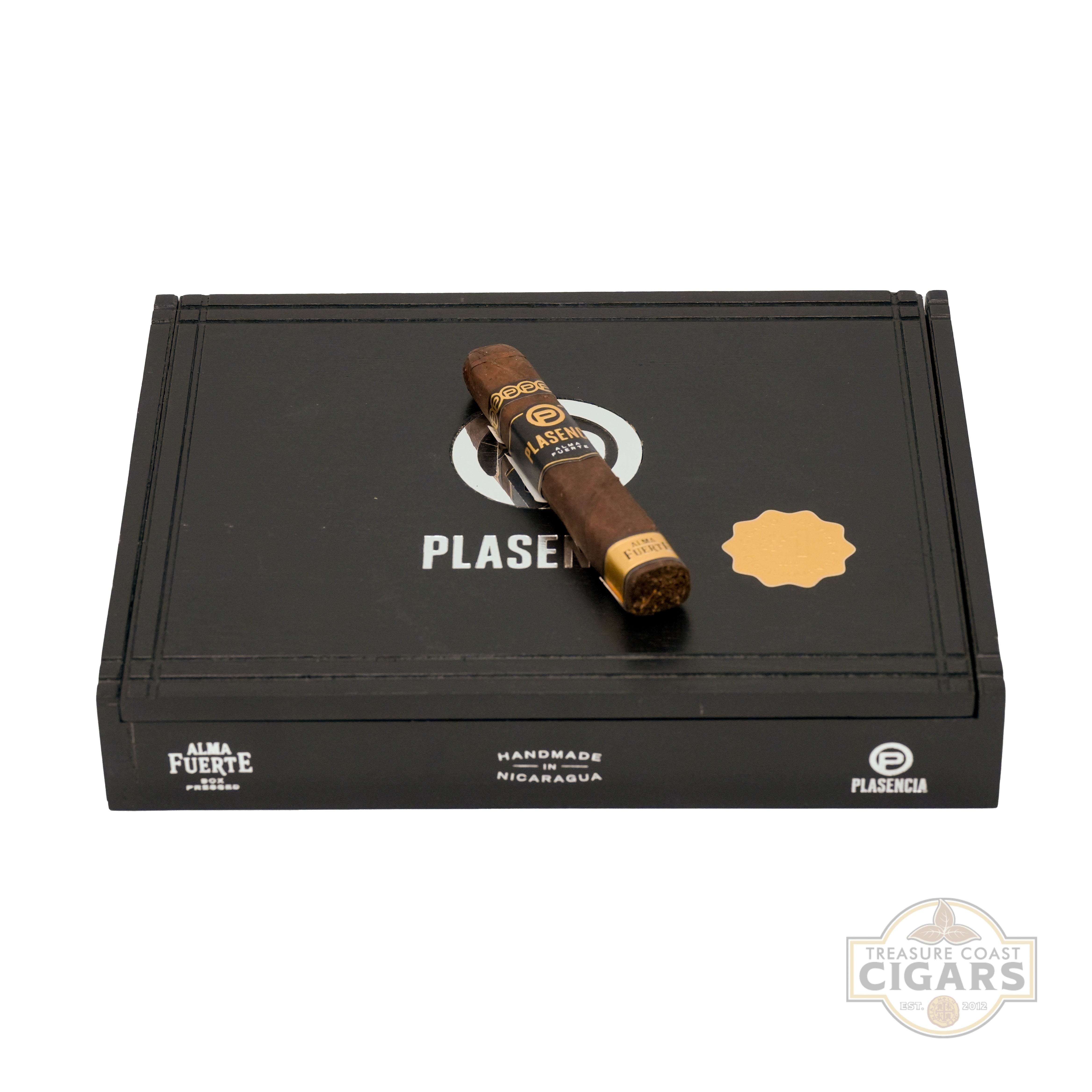 Plasencia cigars in a black box with visible branding on a white background