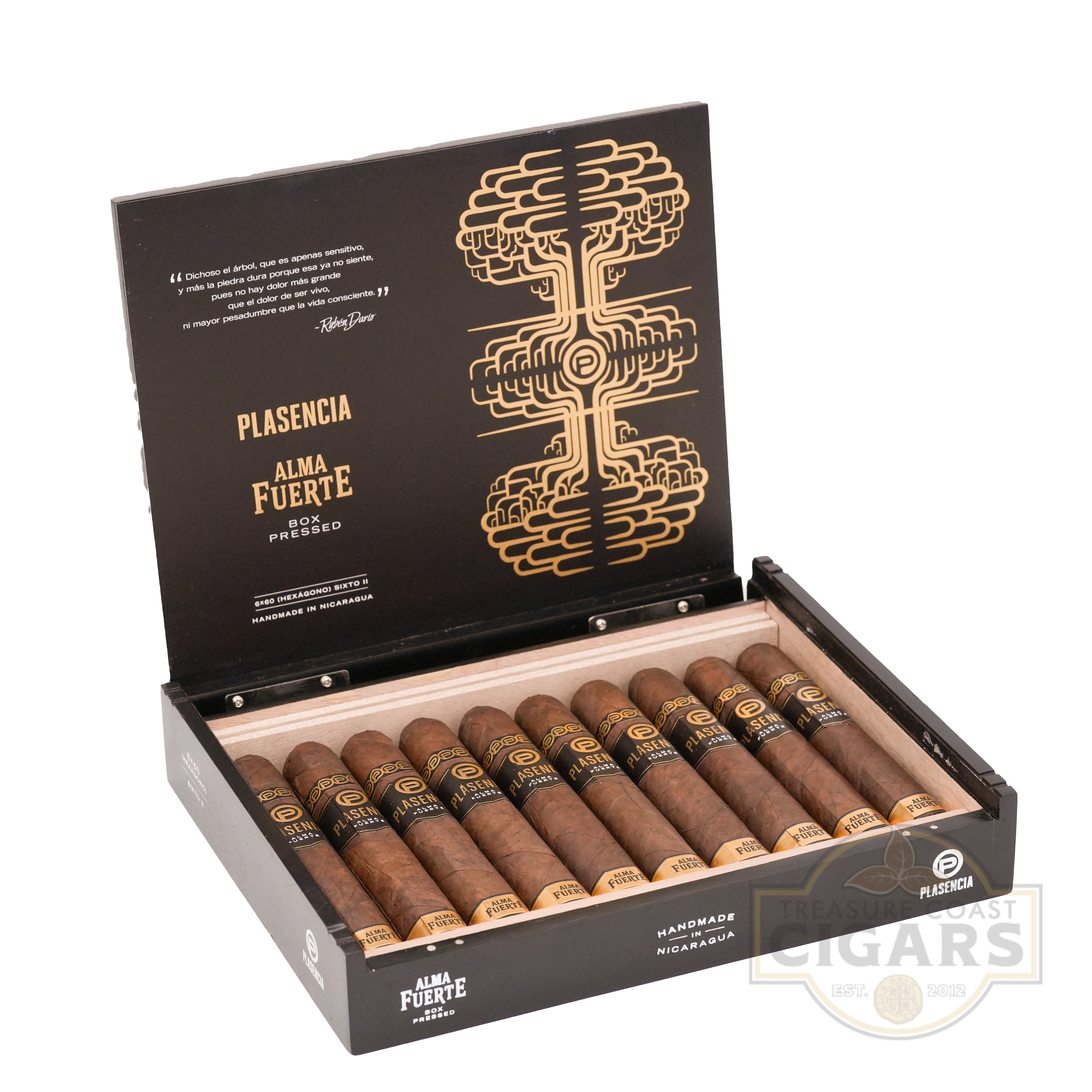Open box of Plasencia cigars with cigars displayed on a white background