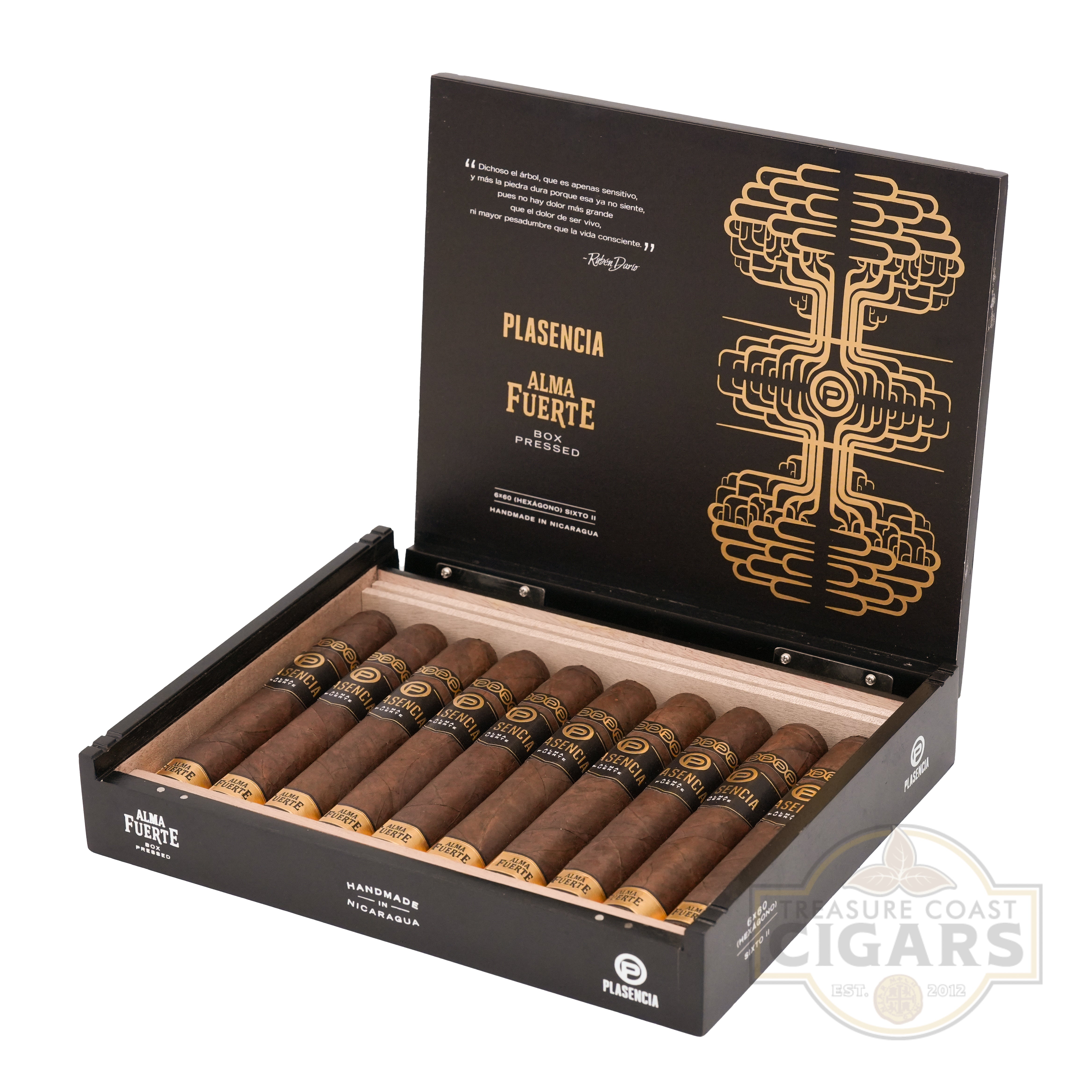 Open box of Plasencia Alma Fuerte cigars with cigars visible inside on a white background.