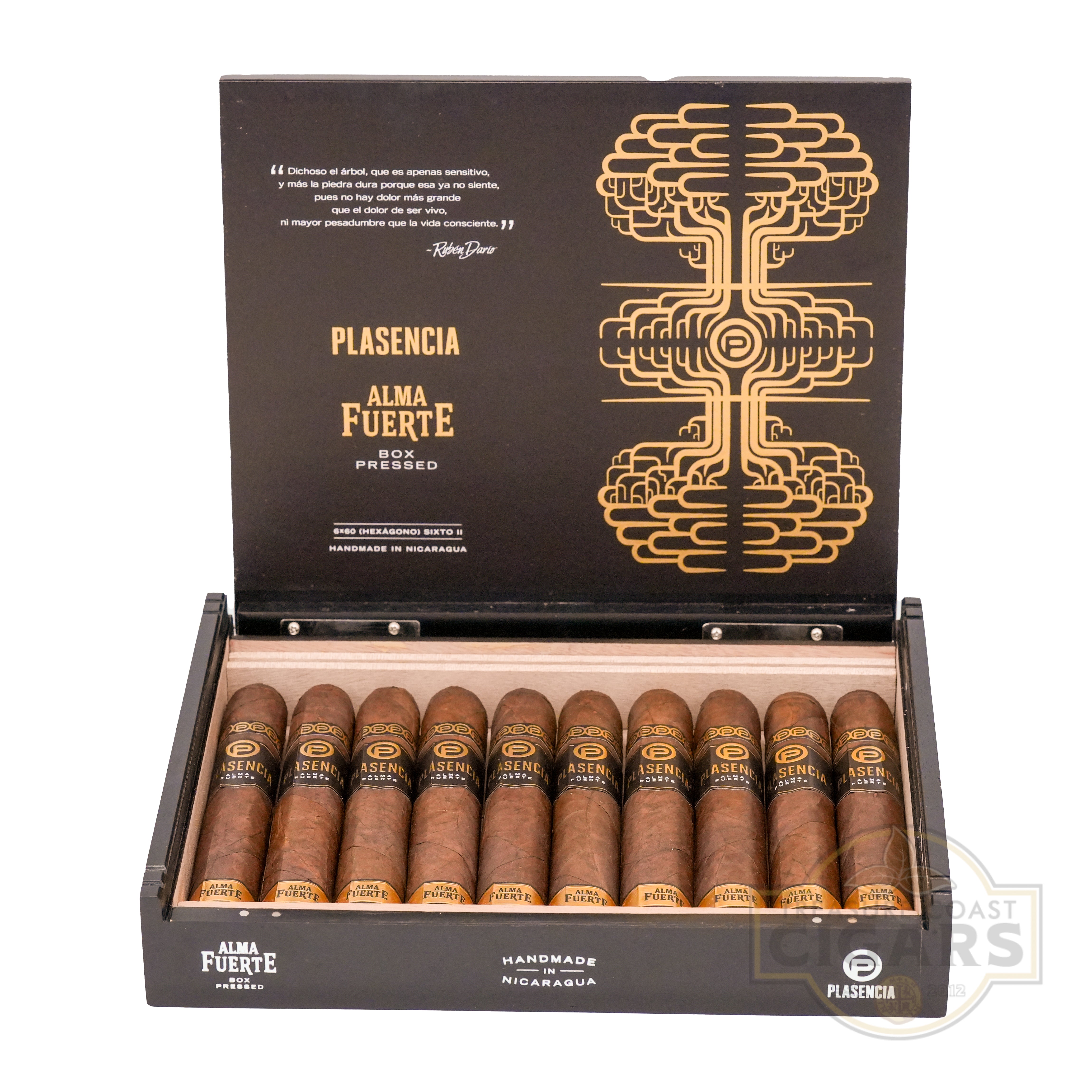 Box of Plasencia Alma Fuerte cigars with decorative packaging on a white background