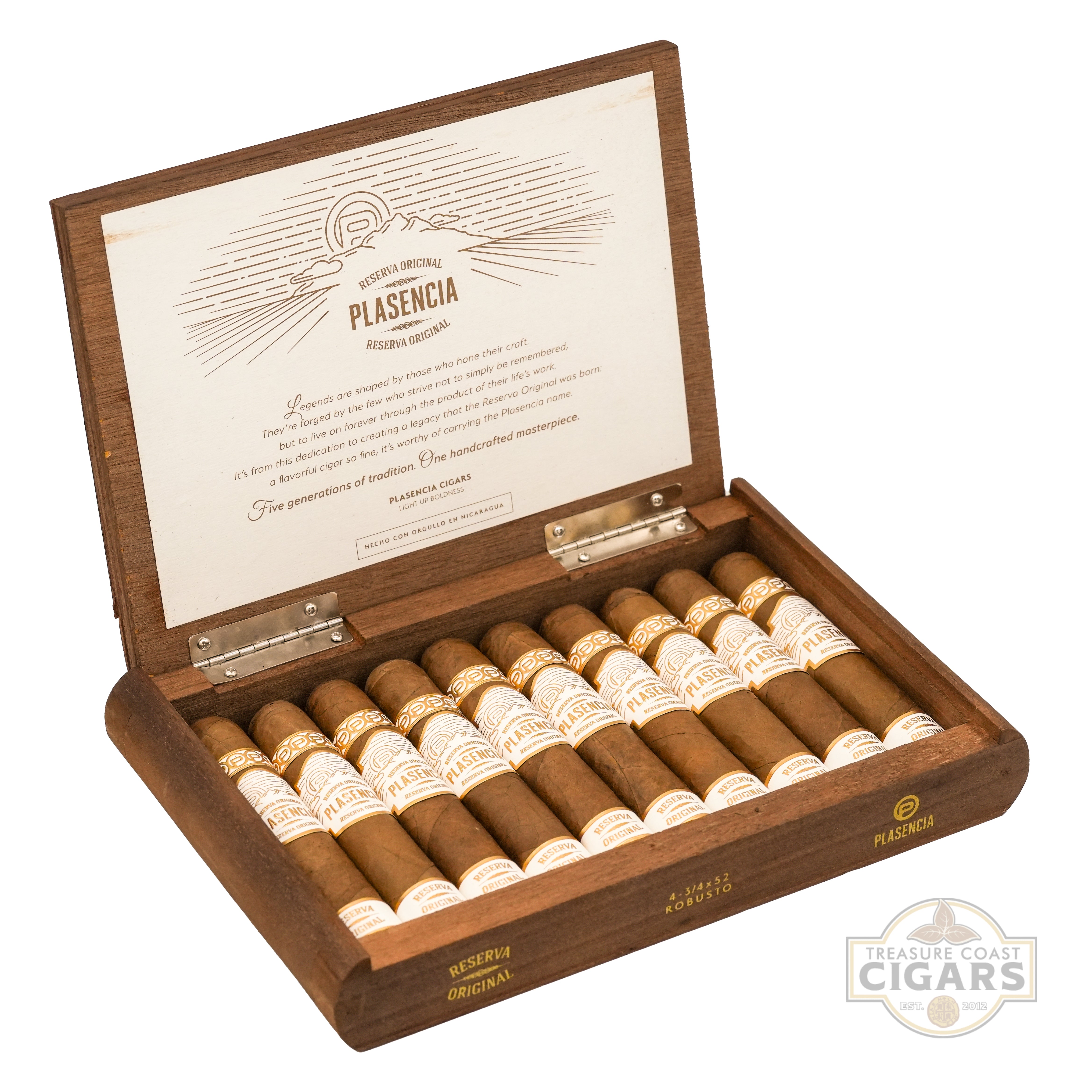 Wooden box with cigars and Plasencia branding on a white background