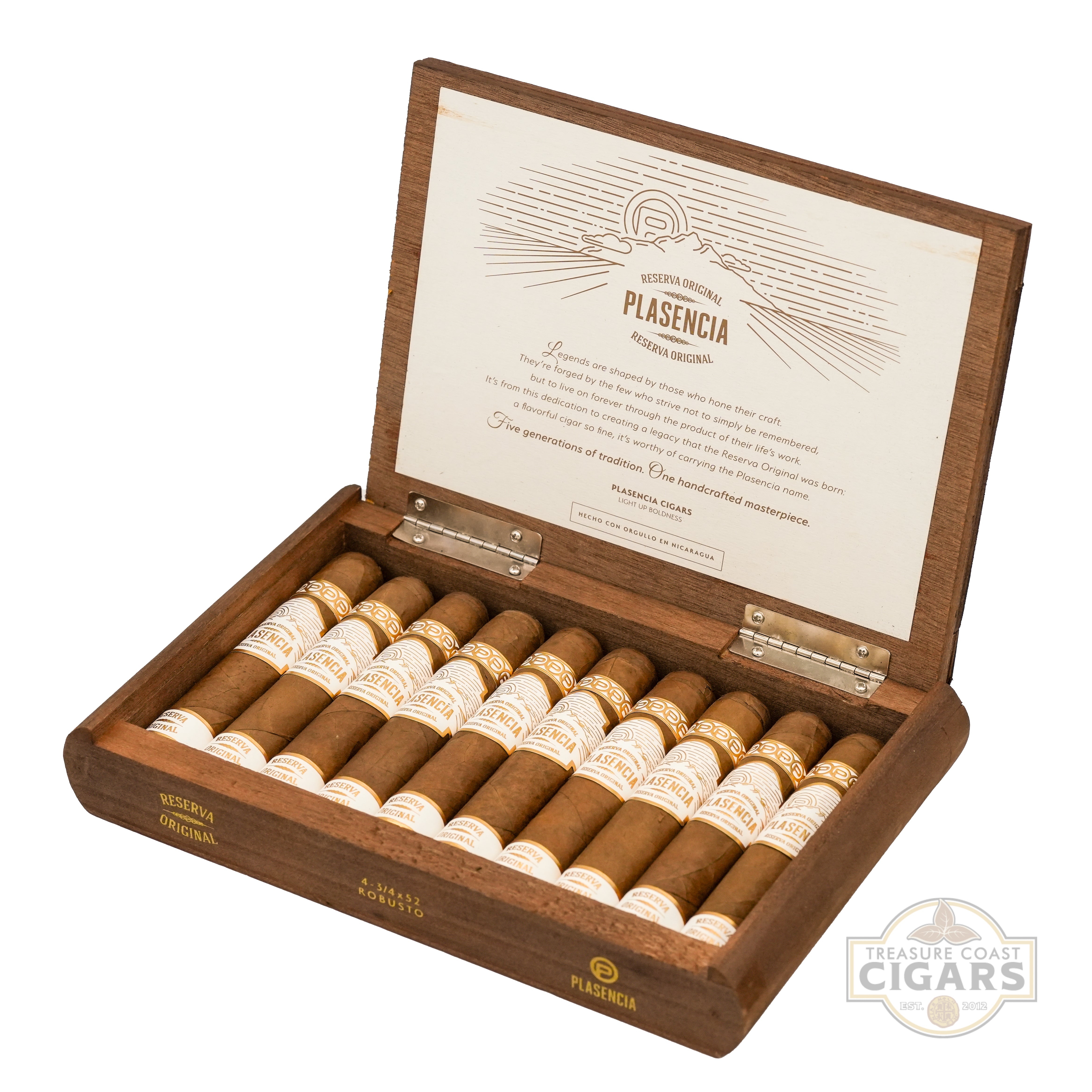Open wooden box of Plasencia cigars with cigars inside on a white background