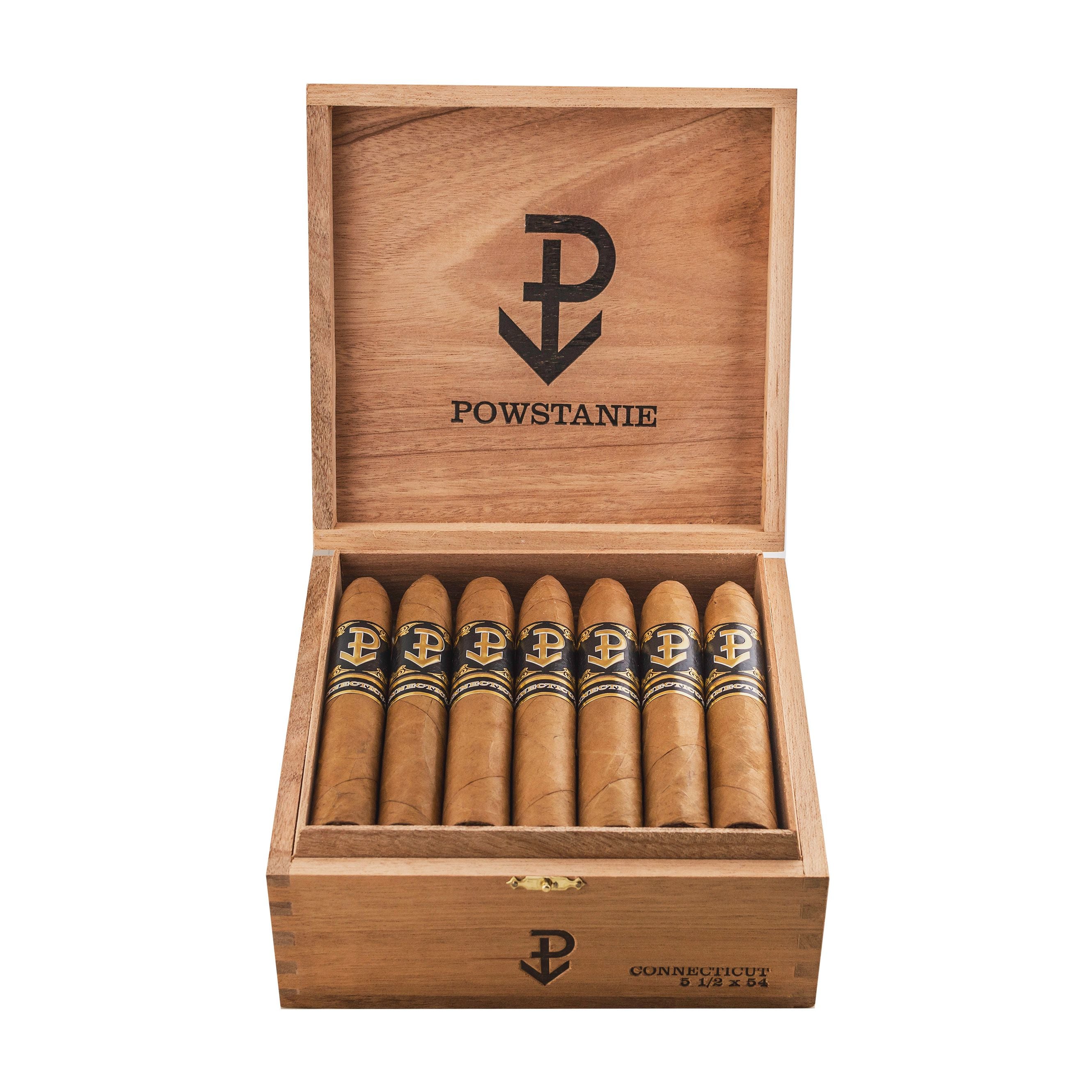 Wooden box of cigars with 'Powstanie' branding on a white background