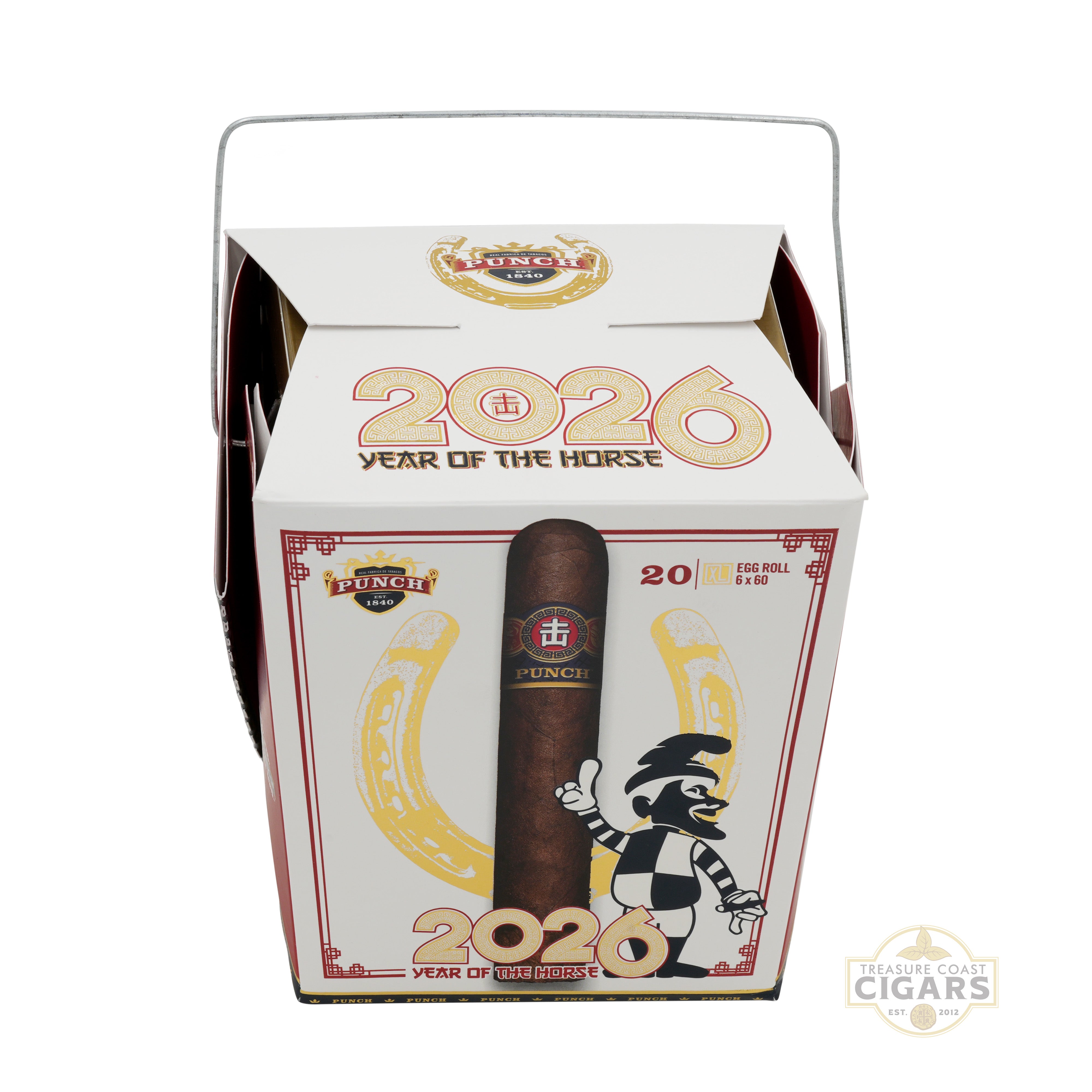 Cigar box with '2026 Year of the Horse' design featuring a cigar on a white background.