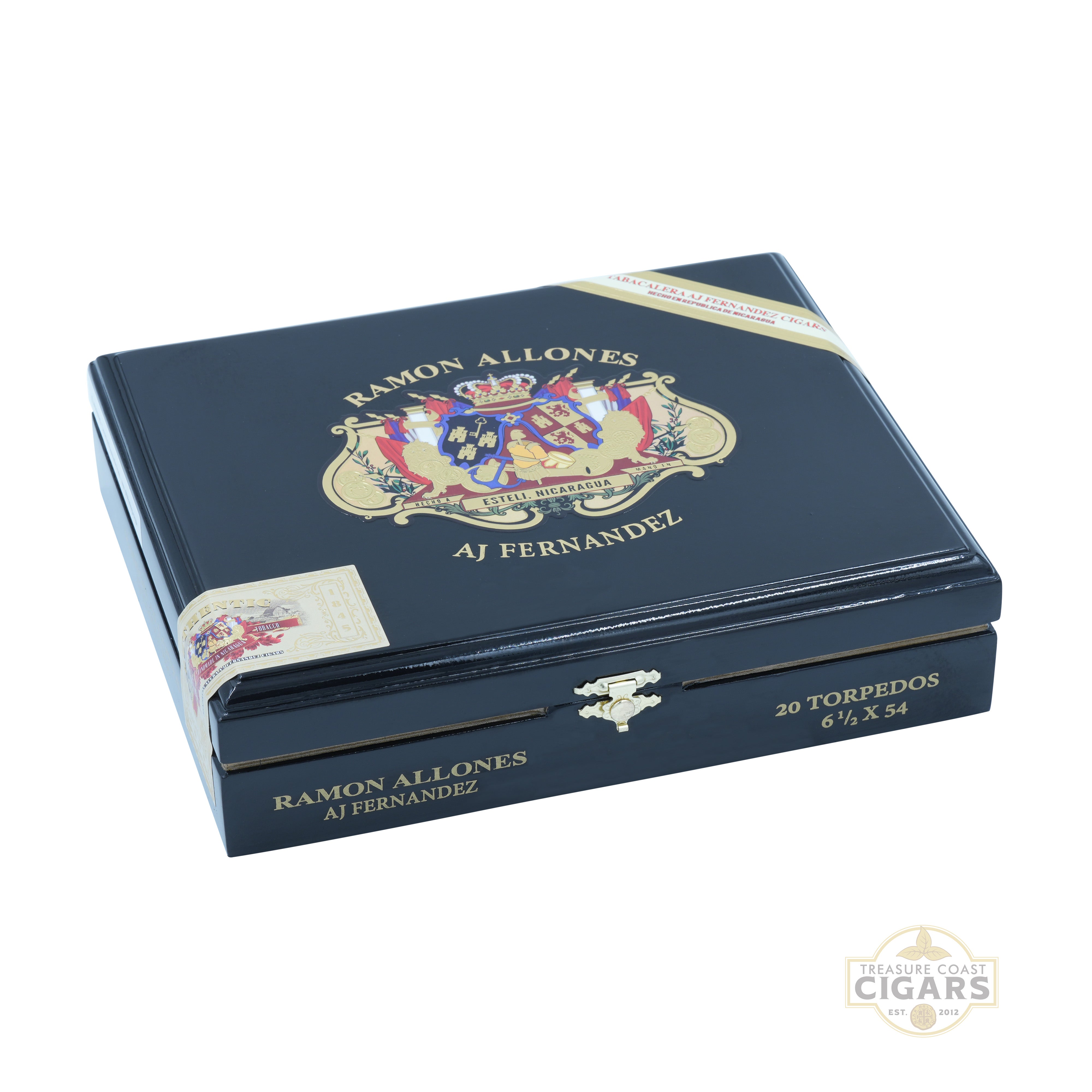 Black cigar box with Ramon Allones branding on a white background
