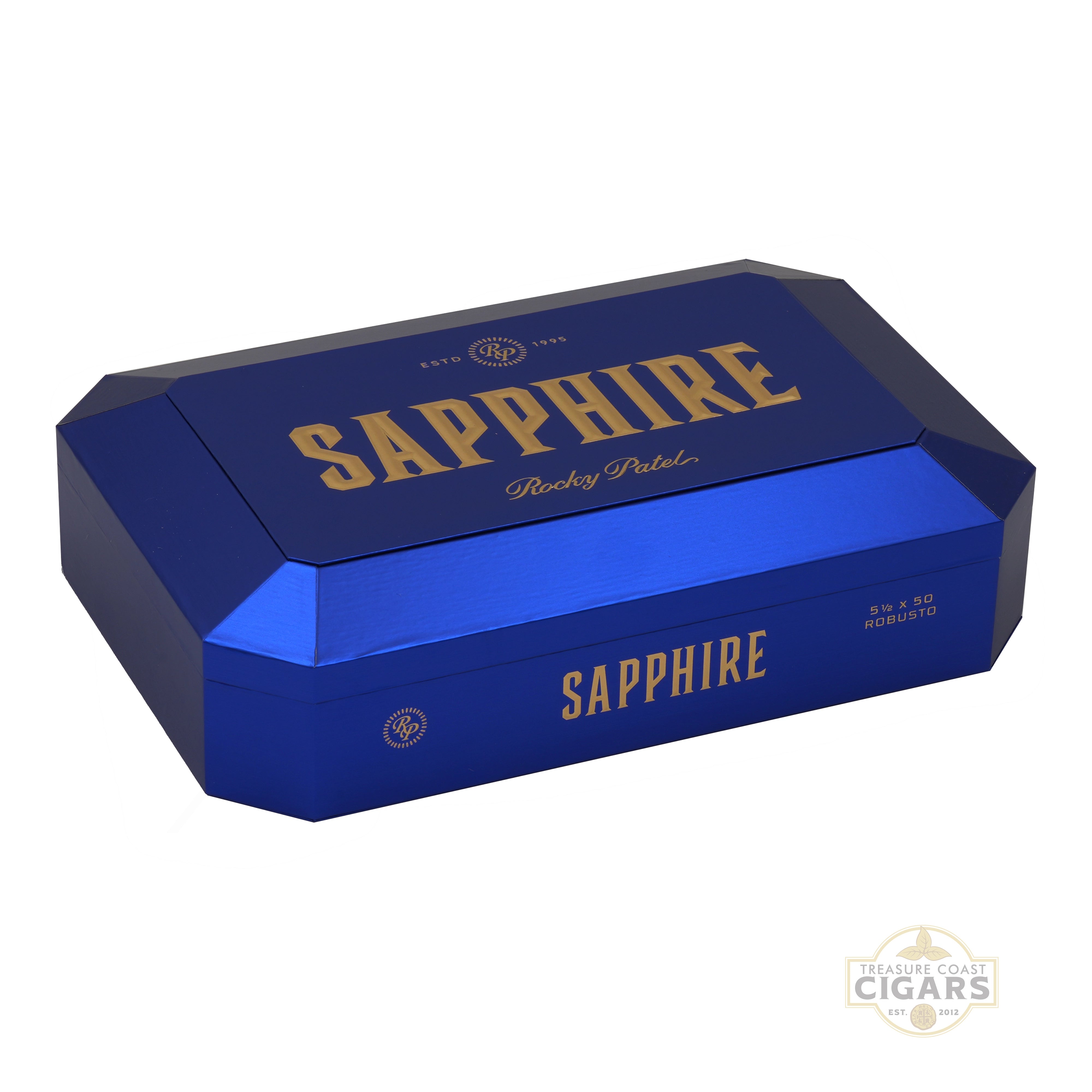 Blue Rocky Patel Sapphire box with gold lettering on a white background