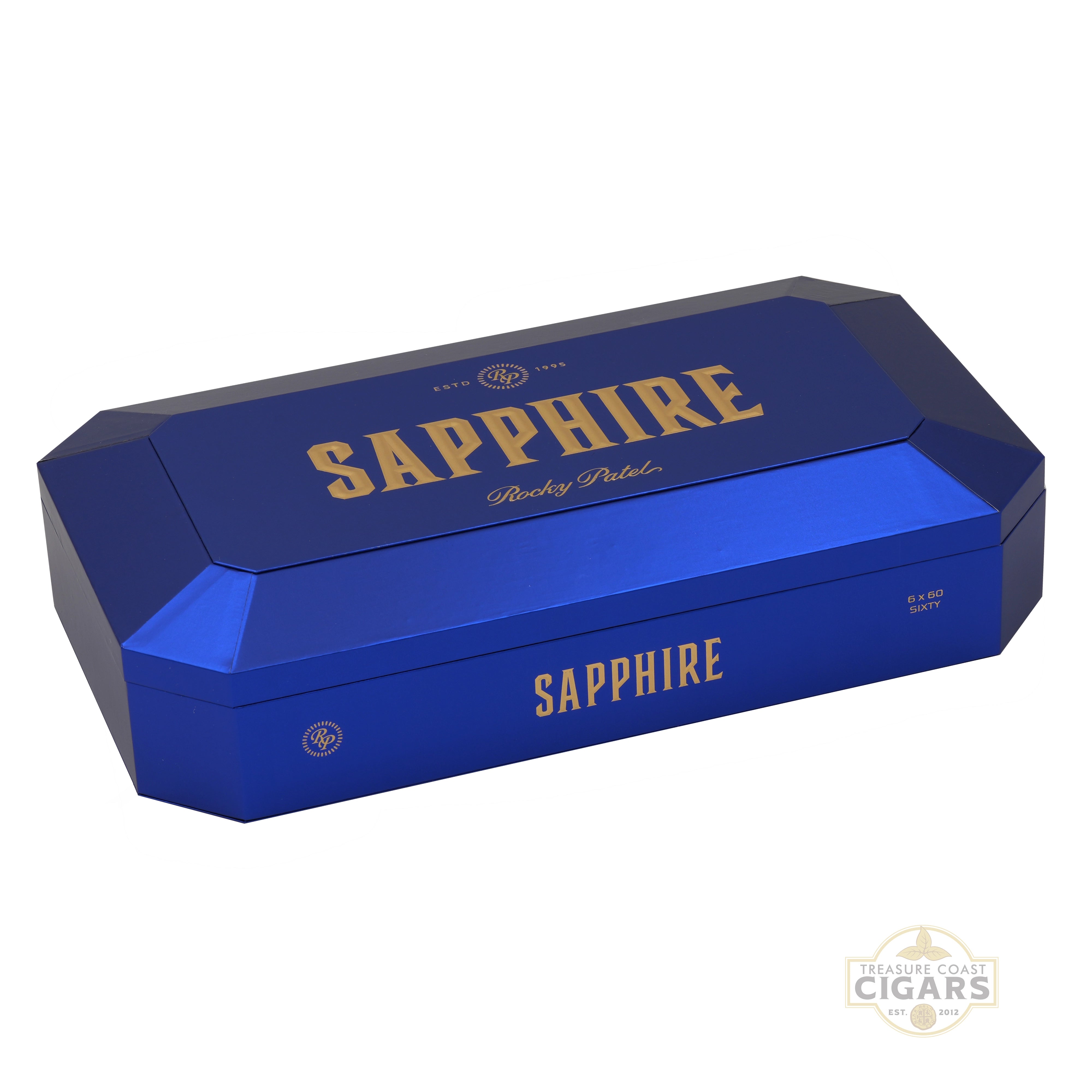 Blue cigar box with Sapphire by Rocky Patel on a white background