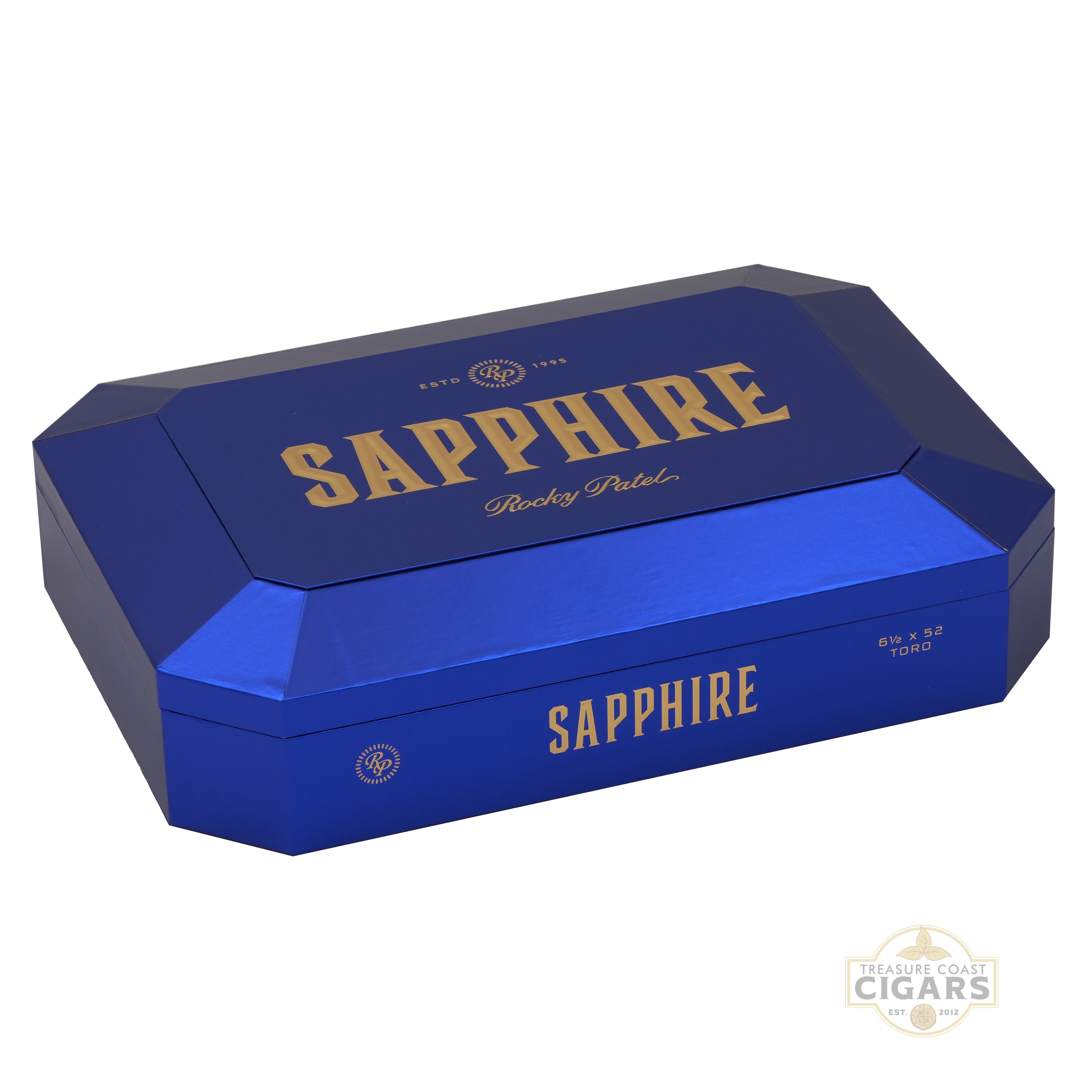 Blue Rocky Patel Sapphire cigar box on a white background