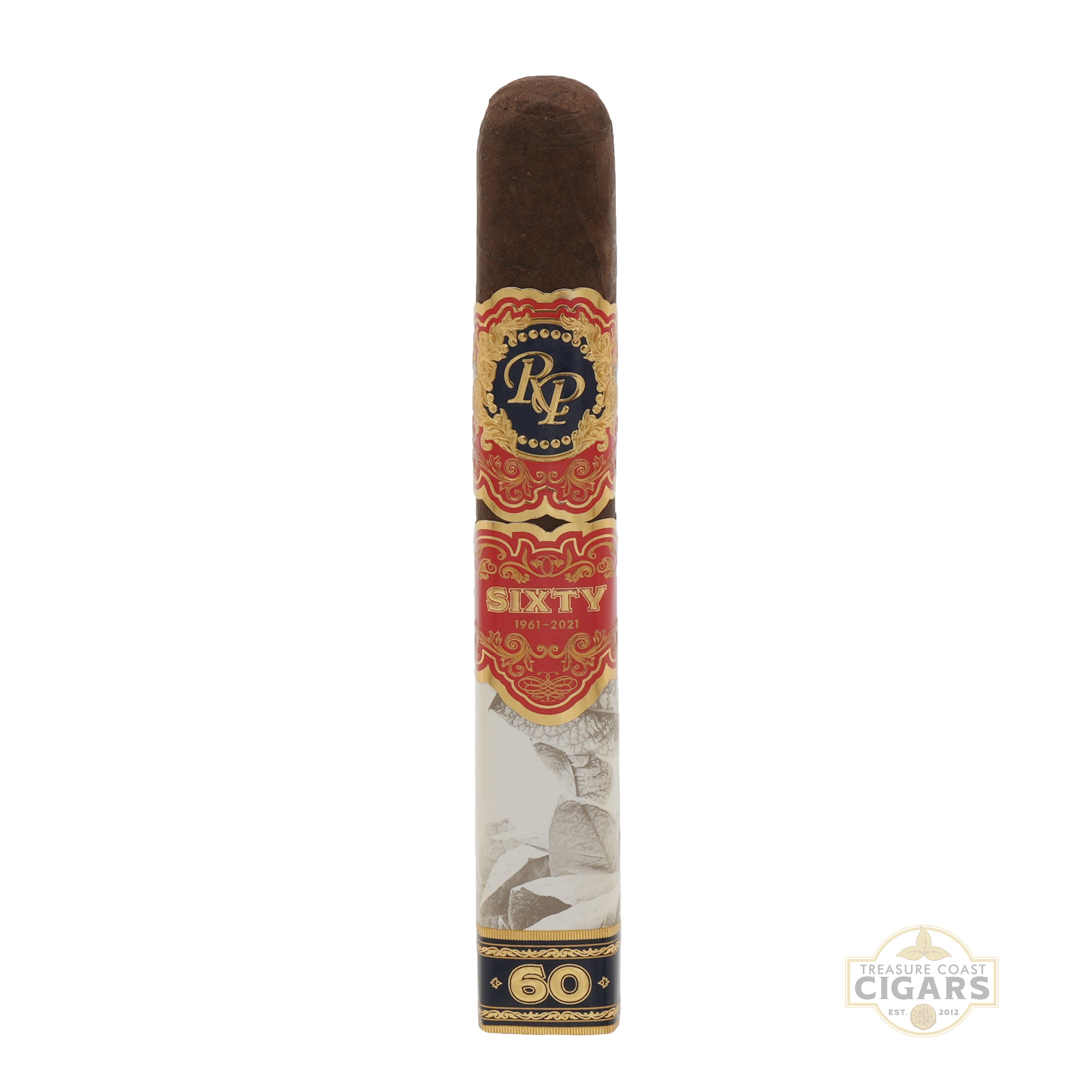 Rocky Patel Sixty Sixty Cigar with a colorful ornate label on a white background