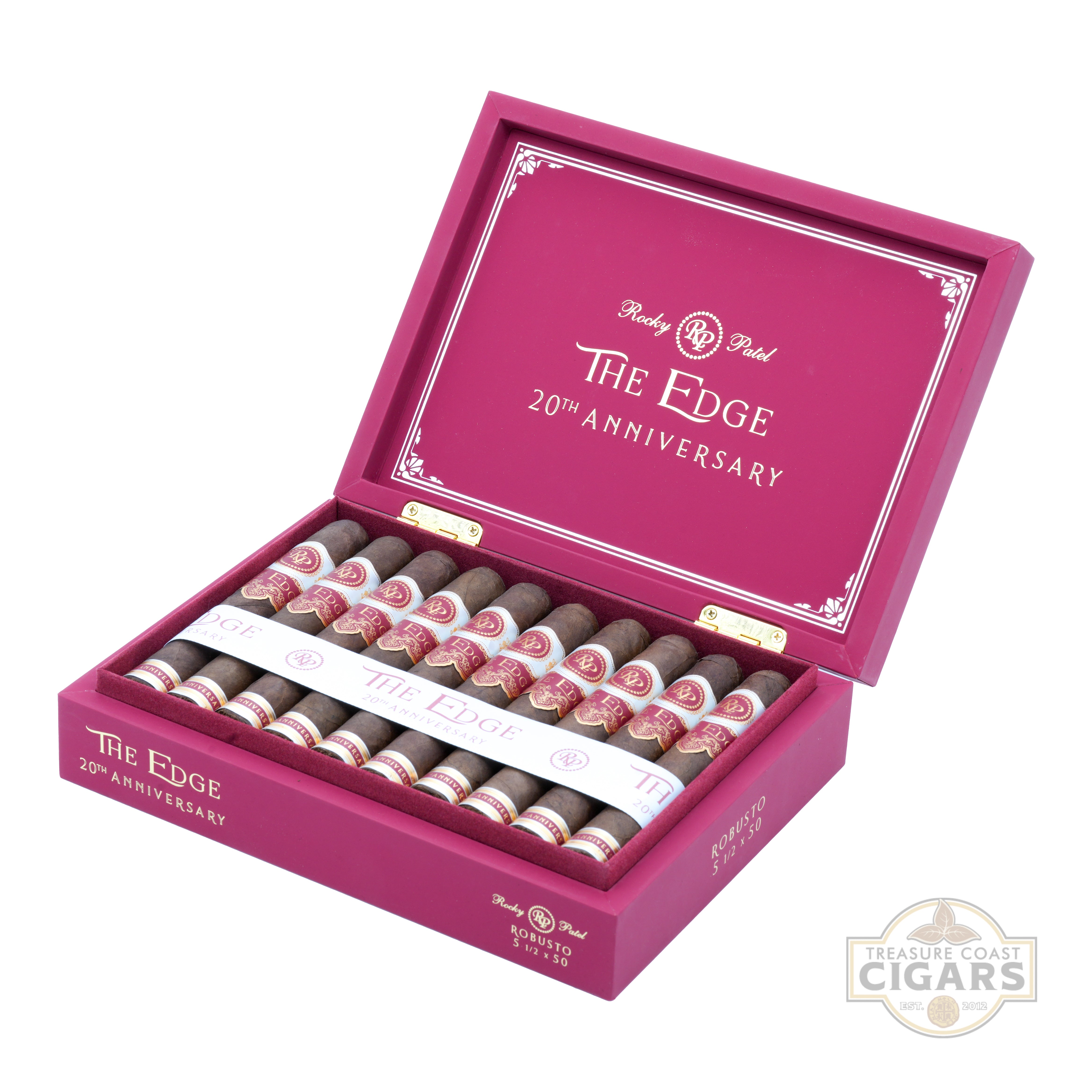 Open box of Rocky Patel The Edge 20th Anniversary cigars on a white background