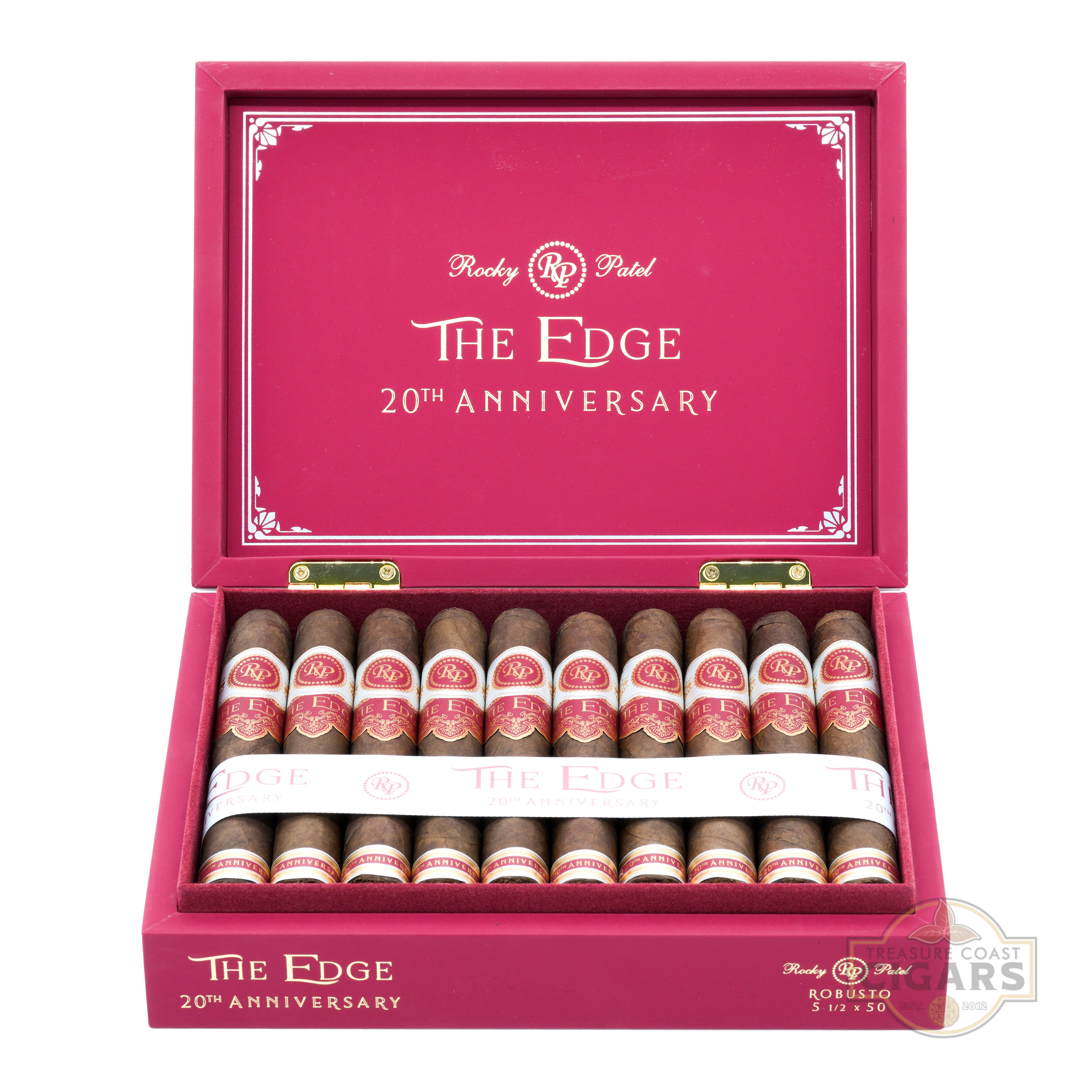 Open red box of Rocky Patel The Edge 20th Anniversary cigars on a white background