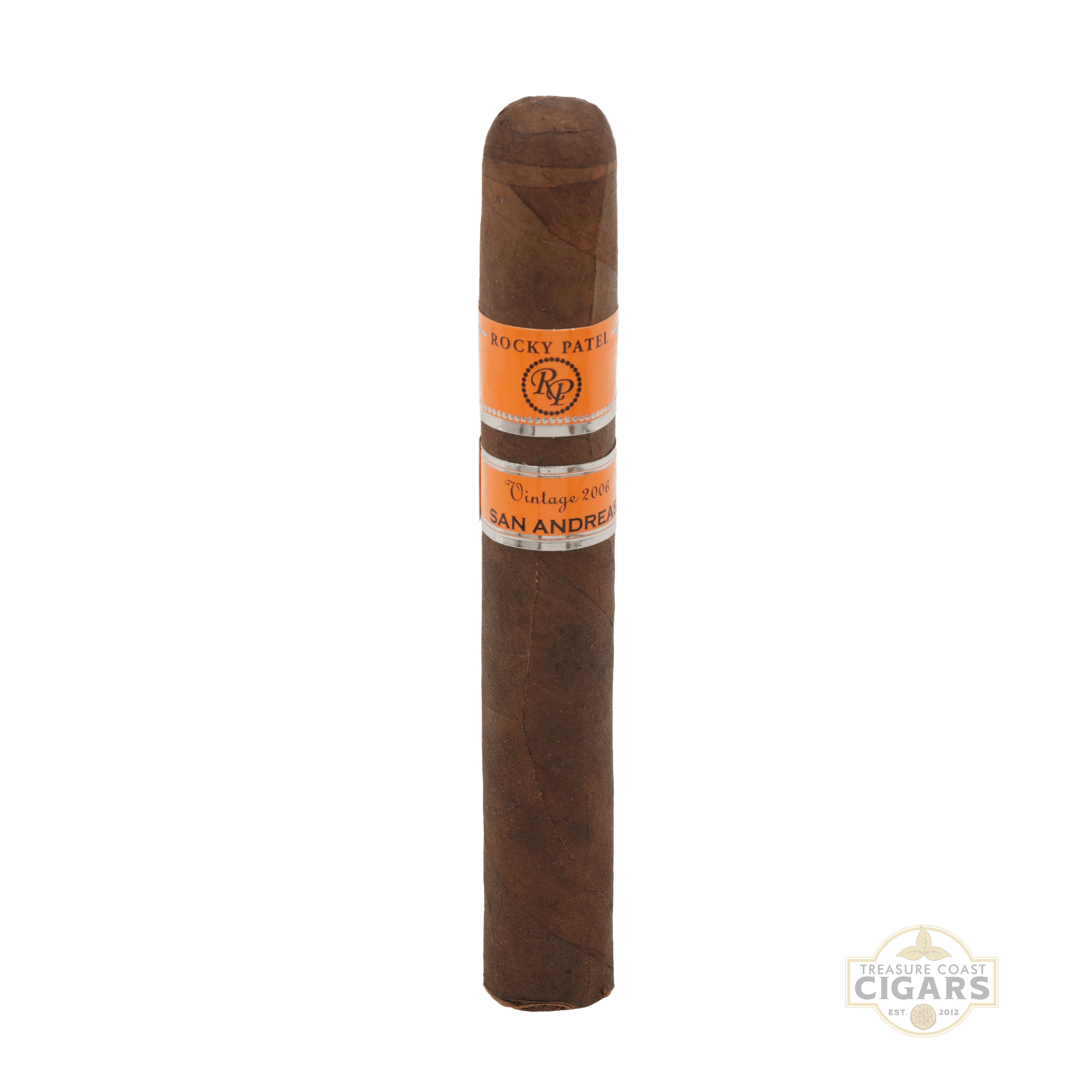 Cigar with Rocky Patel San Andres label on a white background