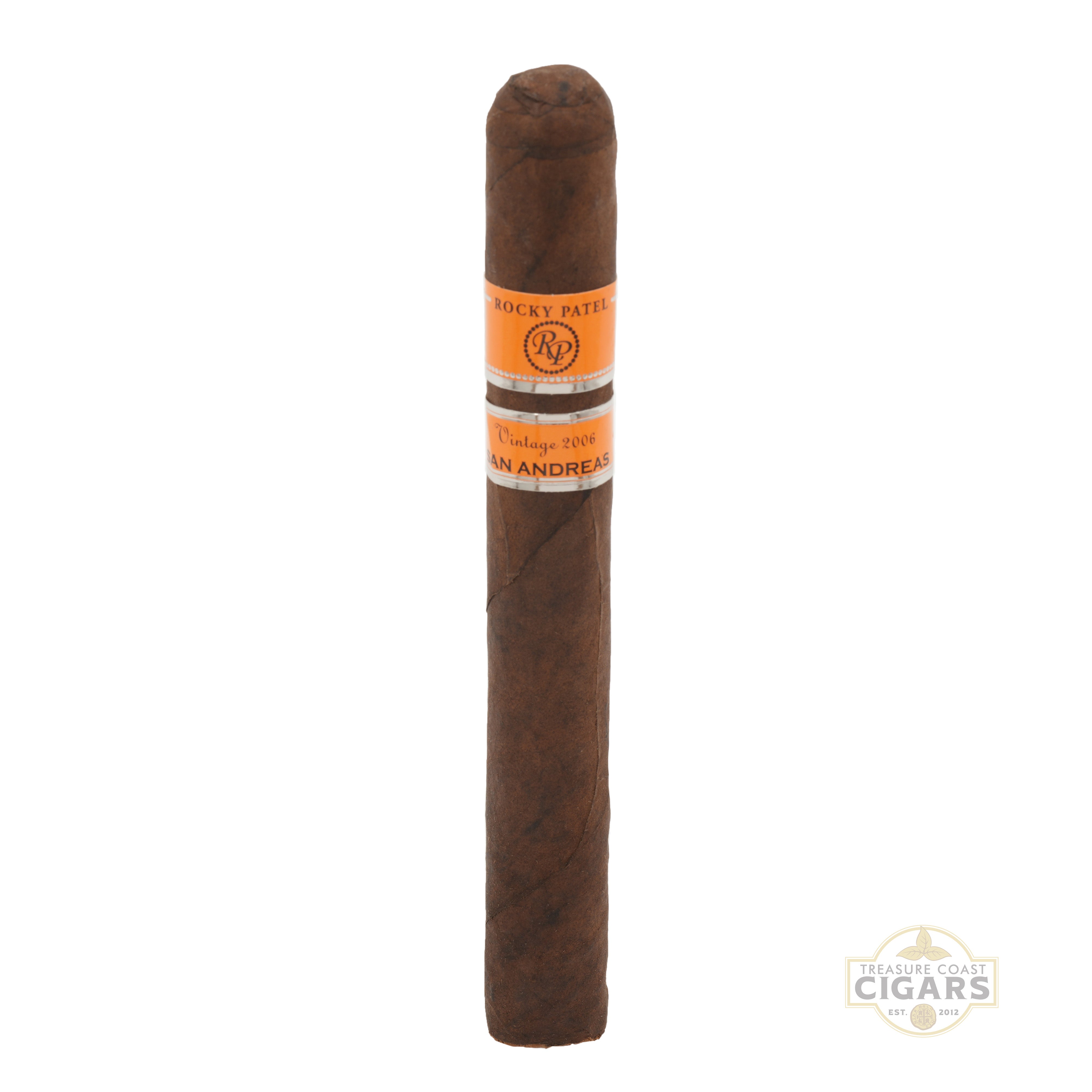Cigar with an orange label on a white background