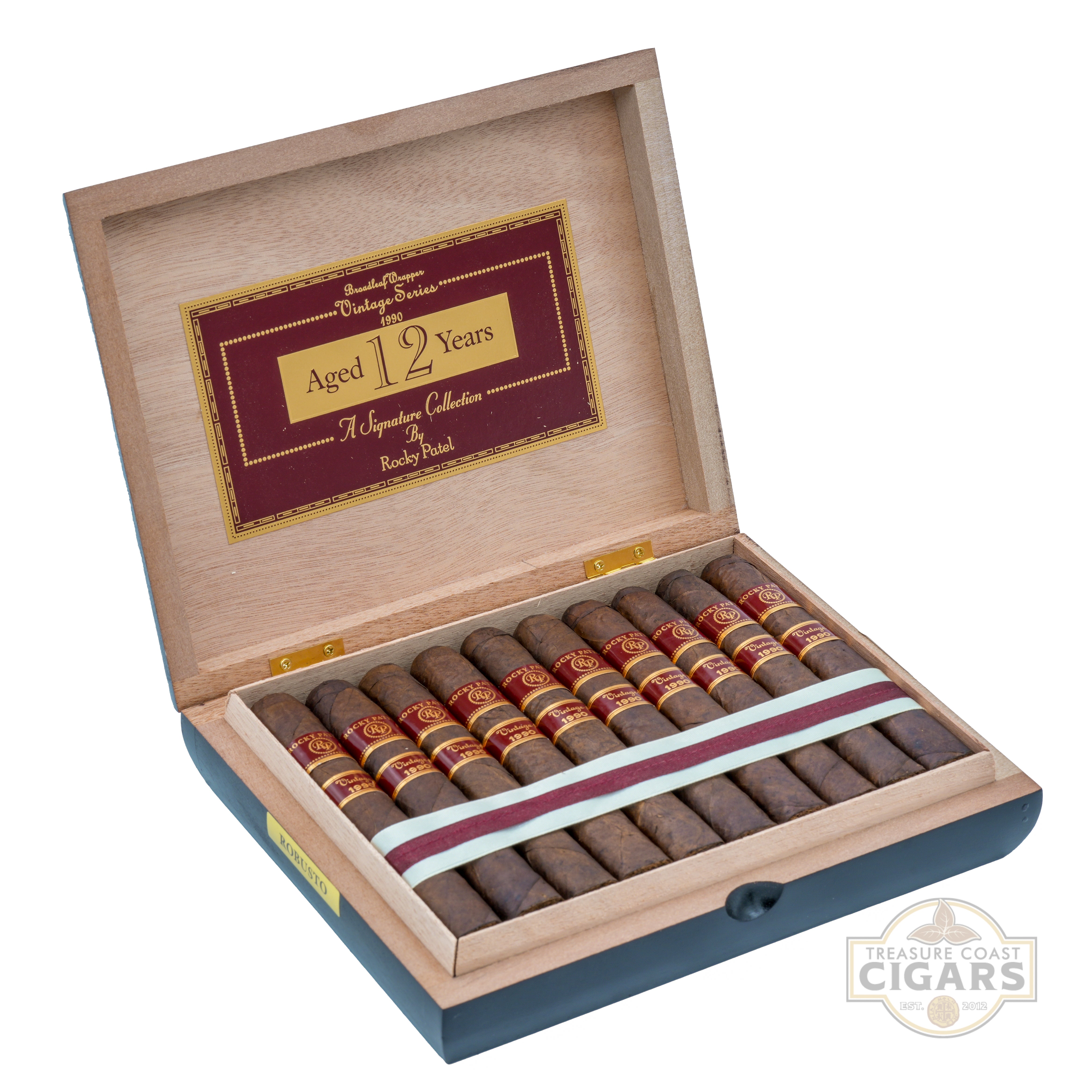 Open wooden cigar box with cigars and a visible brand logo on a white background
