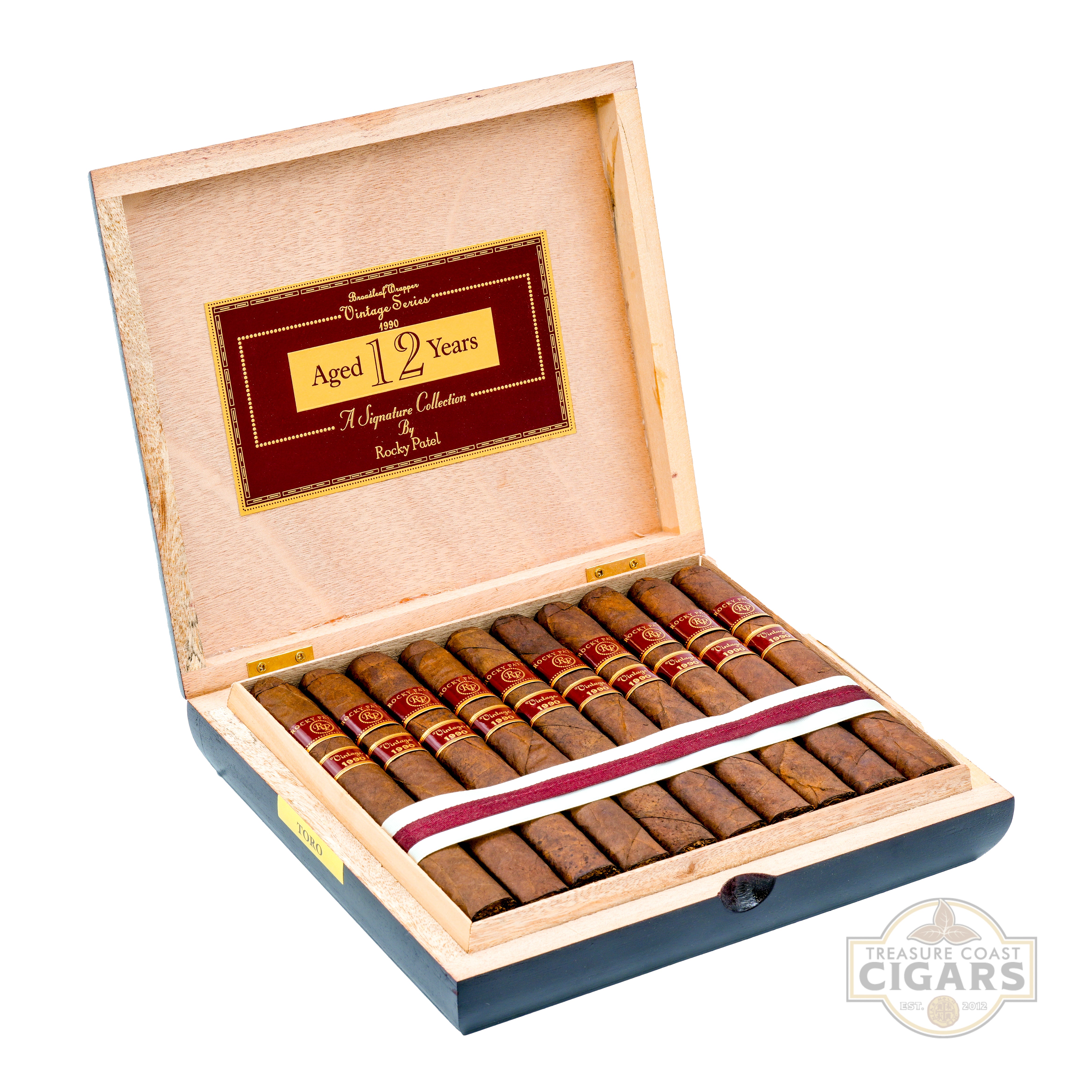 Open wooden cigar box with cigars and a visible brand logo on a white background