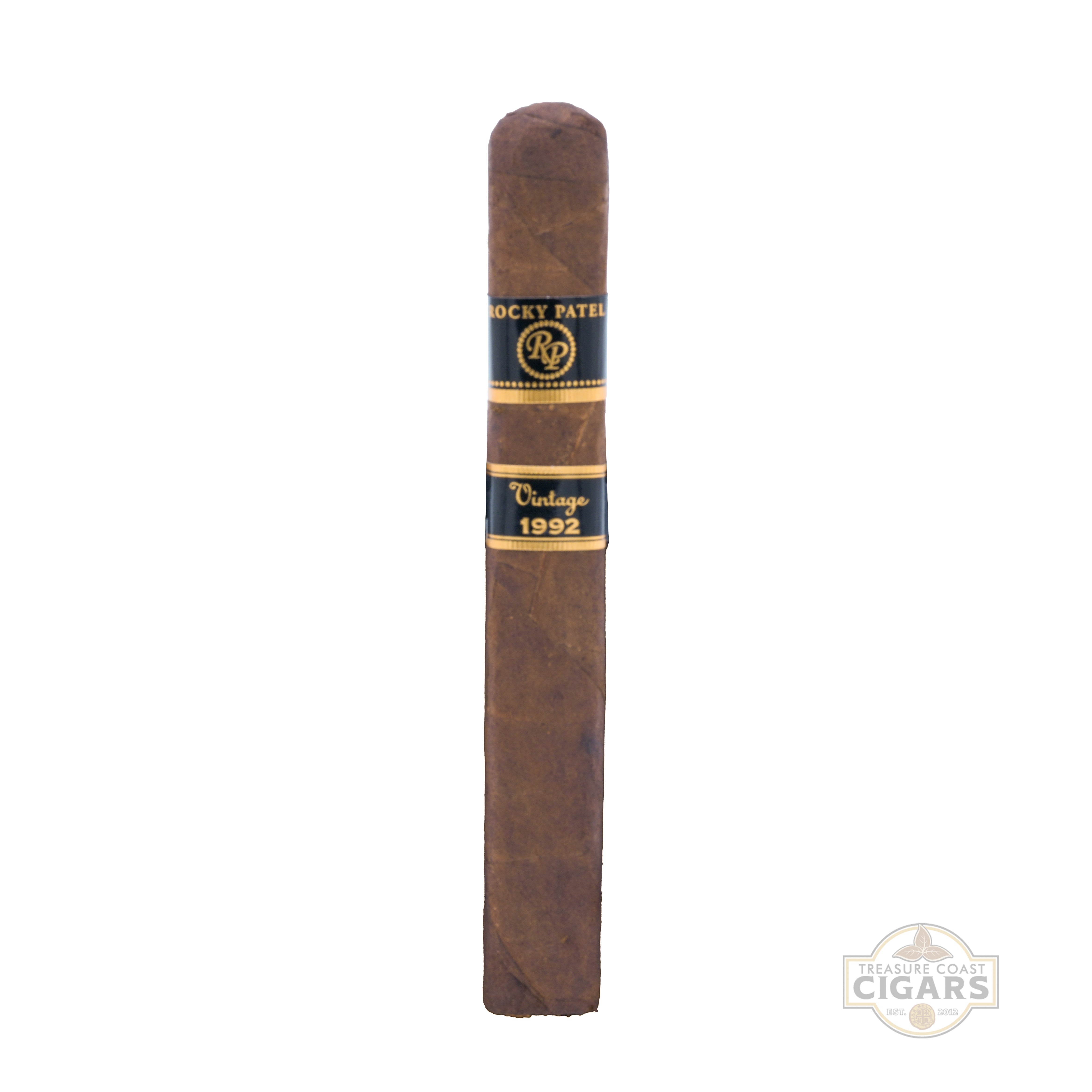 Cigar with Rocky Patel label on a white background